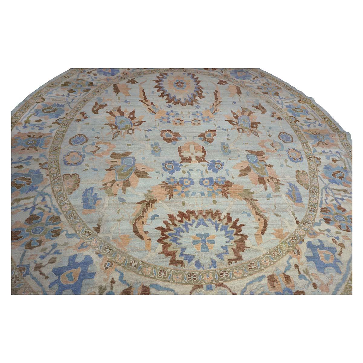 Handgefertigter Sultanabad Master 11x11 Teppich in Hellblau & Hellorange (Afghanisch) im Angebot