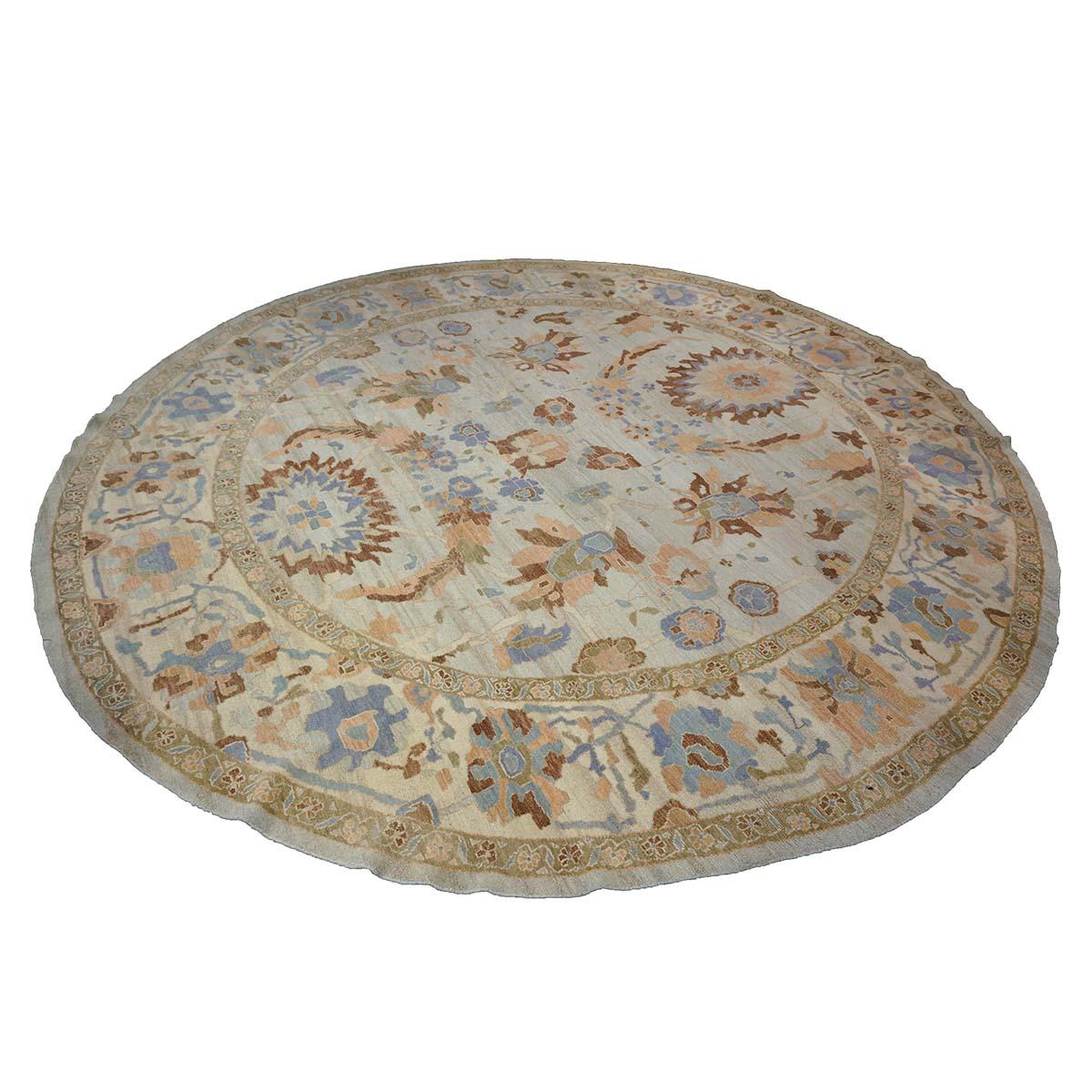 Hand-Woven Sultanabad Master 11x11 Light Blue & Light Orange Round Handmade Area Rug For Sale