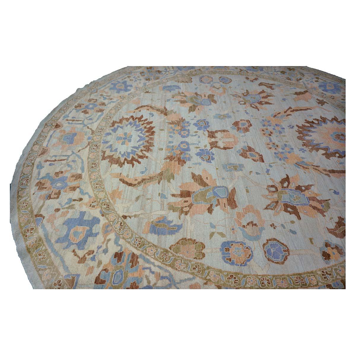 Sultanabad Master 11x11 Light Blue & Light Orange Round Handmade Area Rug In Excellent Condition For Sale In Houston, TX