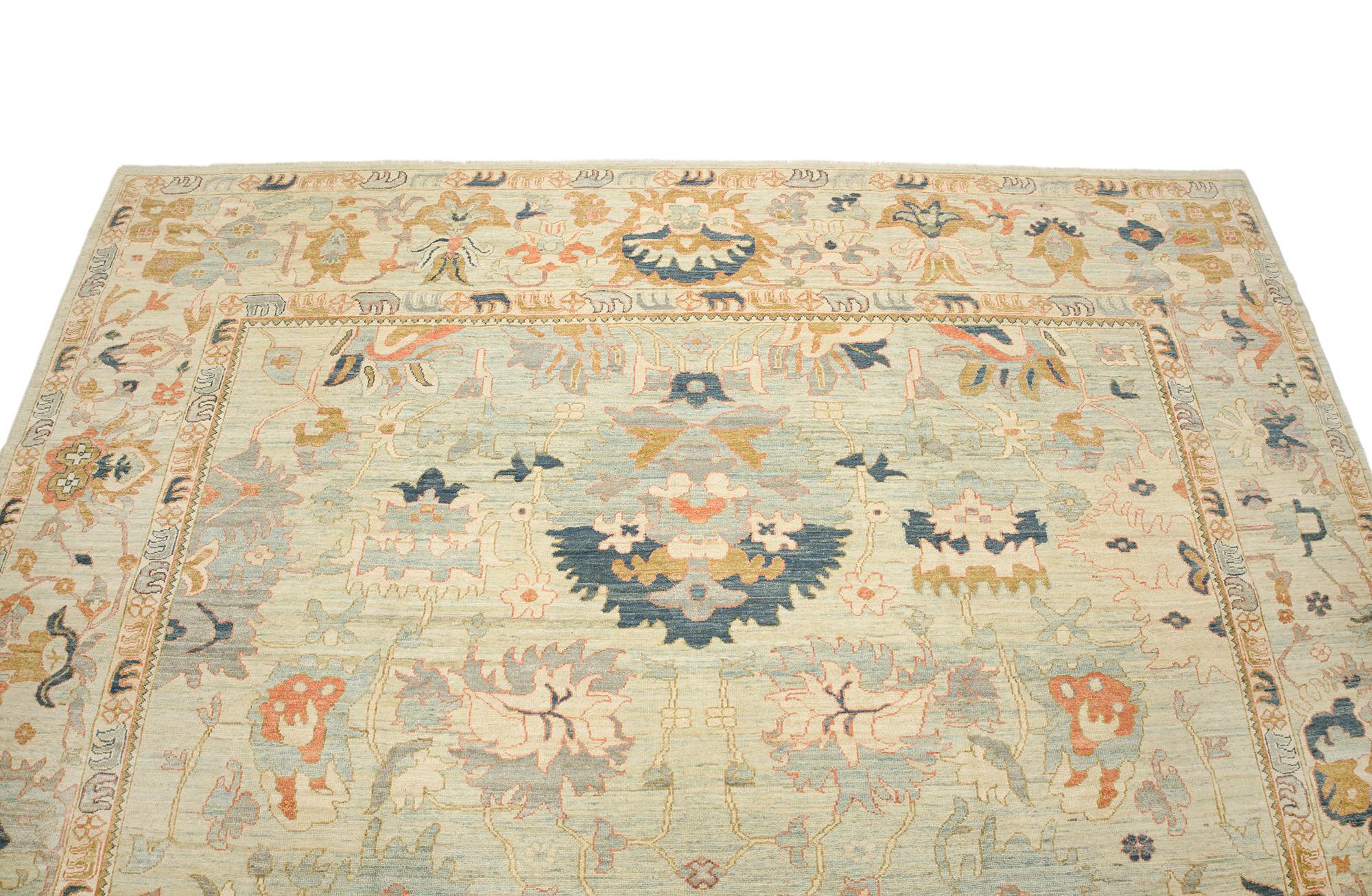 Noué à la main Sultanabad Rugs, noué à la main, 13 × 9.7 ft - Bleu clair, beige et marine en vente
