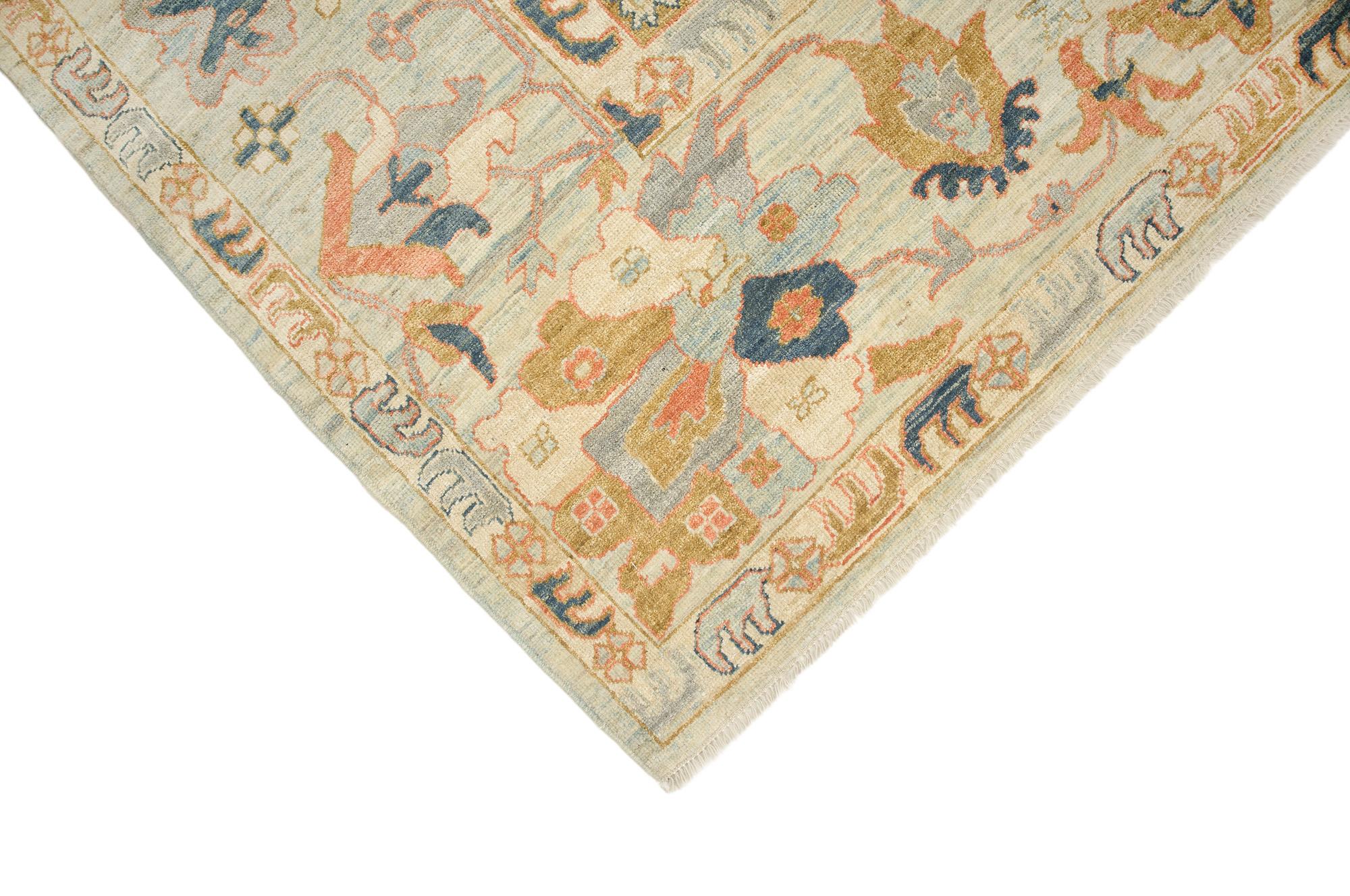 Sultanabad Rugs, noué à la main, 13 × 9.7 ft - Bleu clair, beige et marine Neuf - En vente à North Bergen, NJ