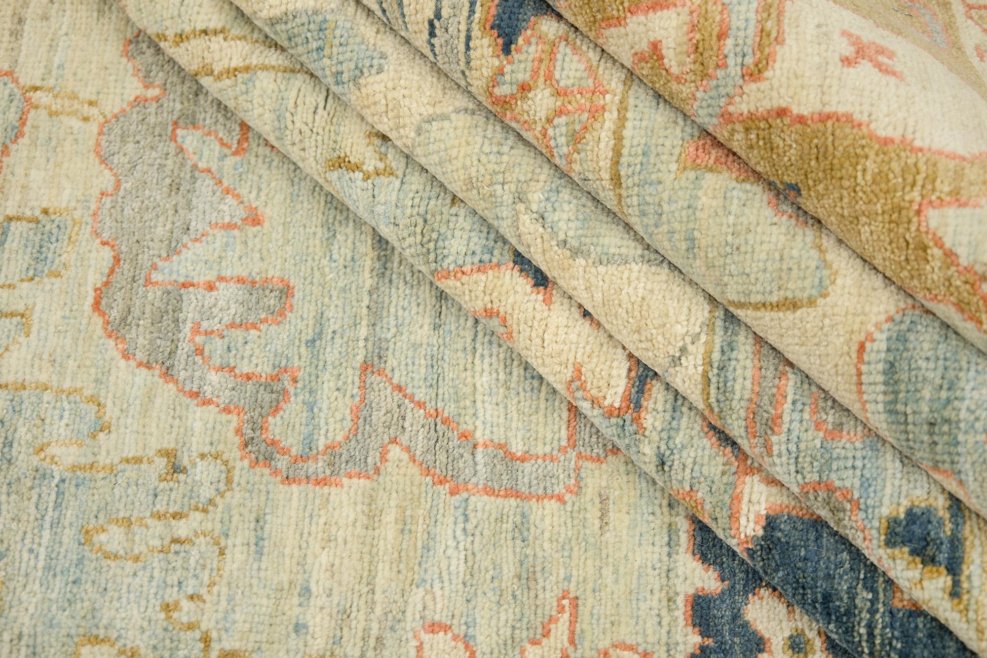 Laine Sultanabad Rugs, noué à la main, 13 × 9.7 ft - Bleu clair, beige et marine en vente