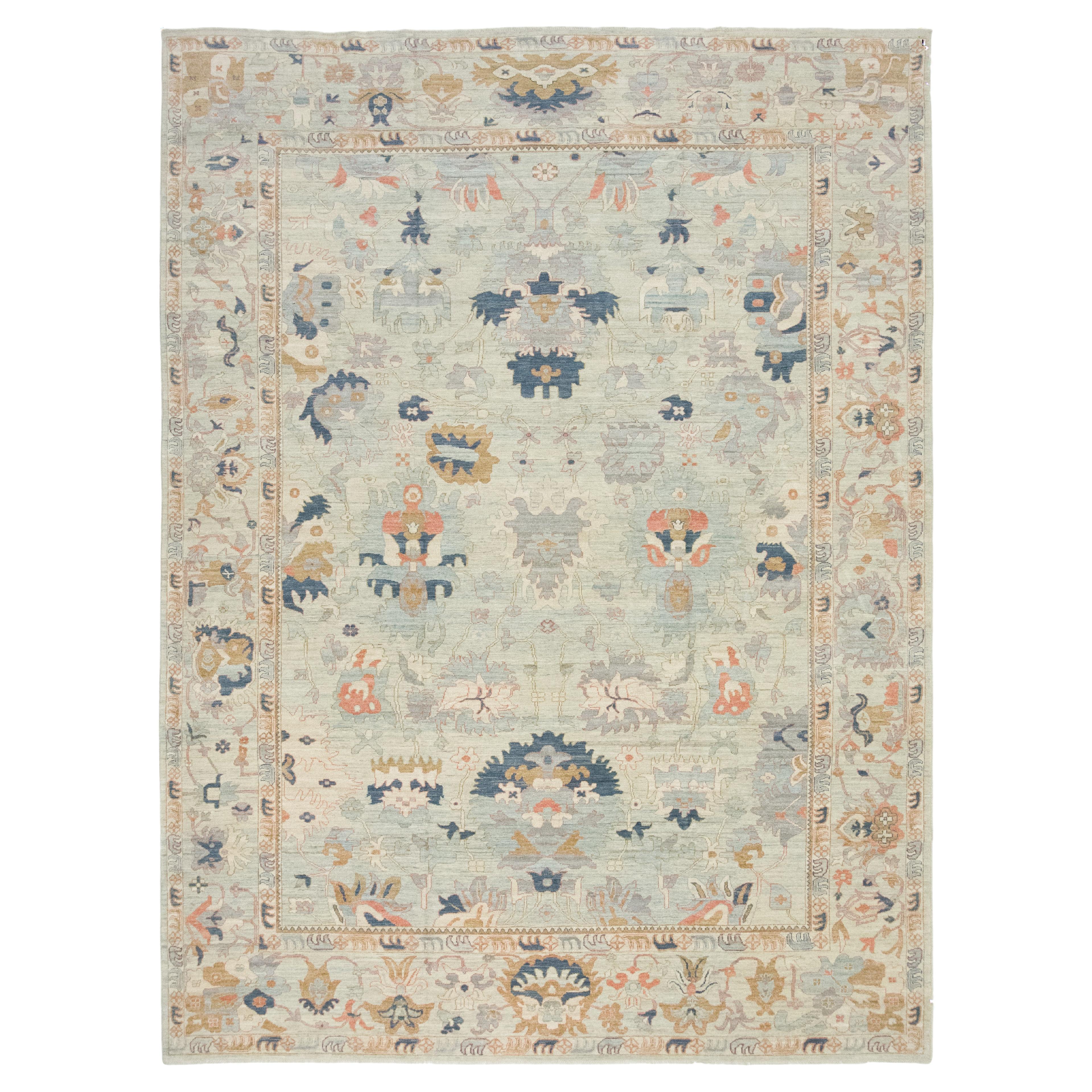 Sultanabad Rugs, noué à la main, 13 × 9.7 ft - Bleu clair, beige et marine
