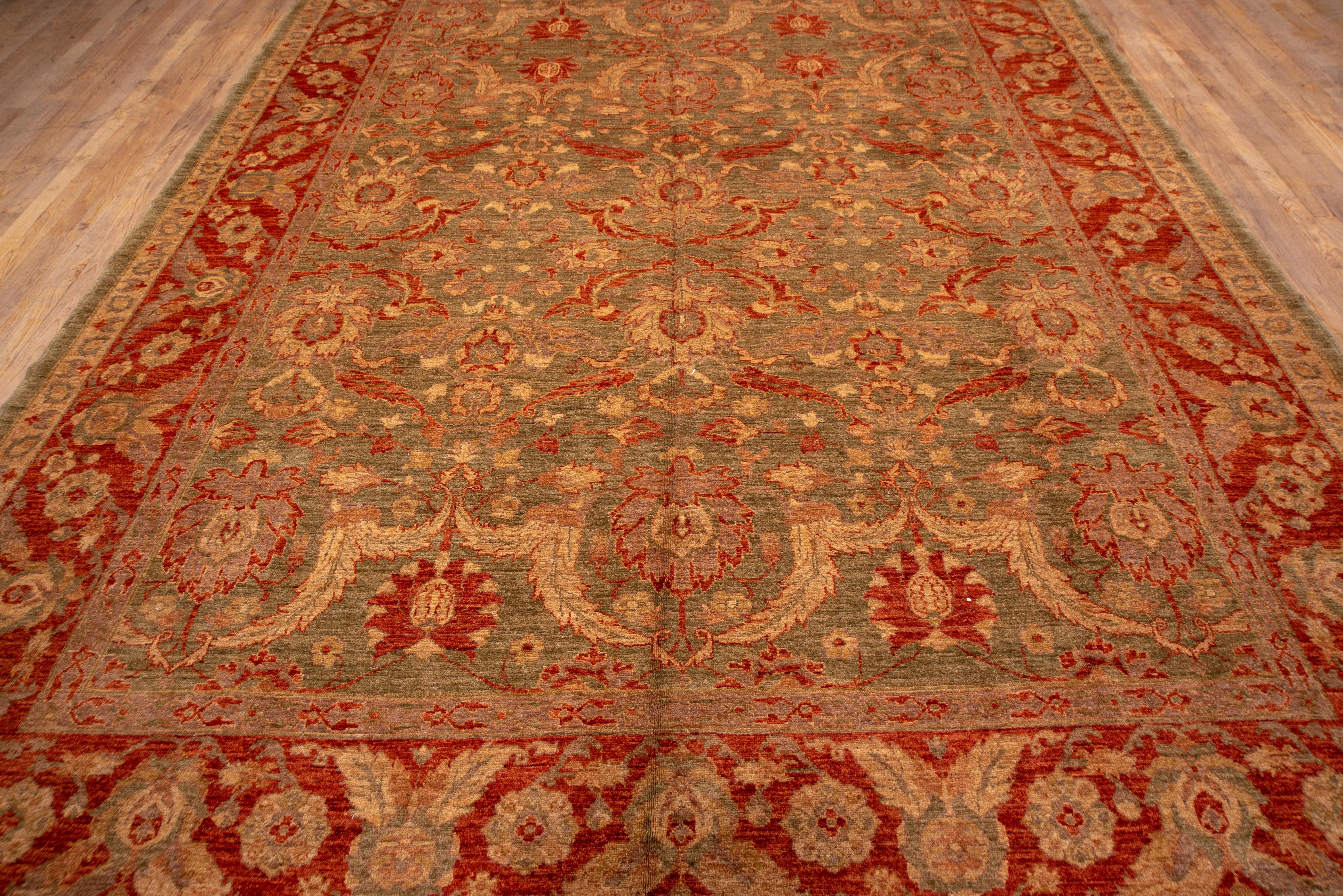 Sultanabad Rug Moss Green Field with Rust Floral Scrollwork For Sale 2