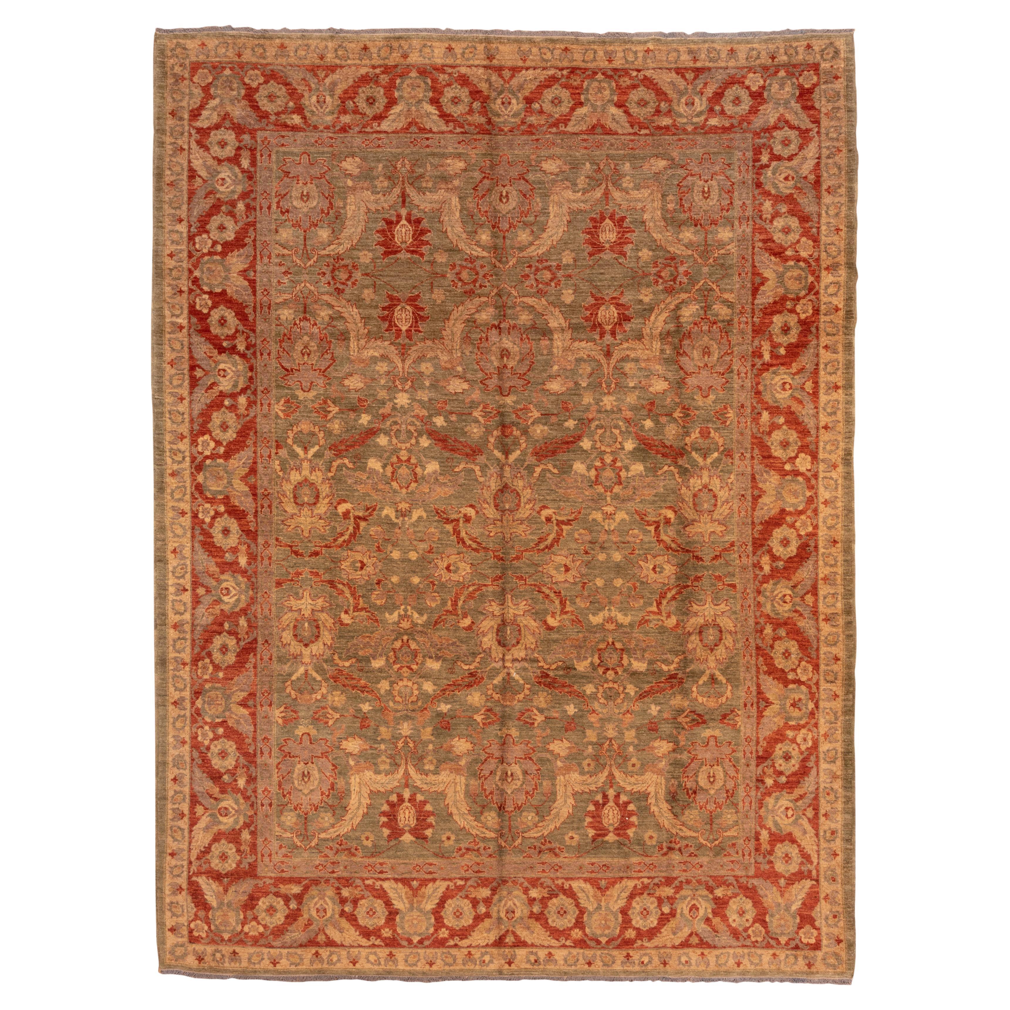 Sultanabad Rug Moss Green Field with Rust Floral Scrollwork For Sale