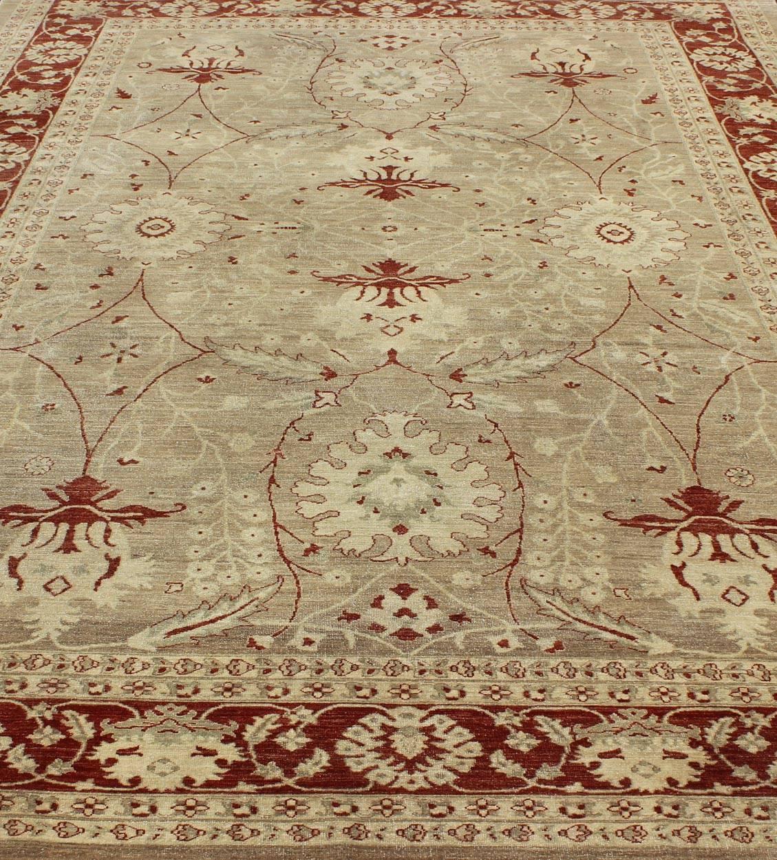Sultanabad Design Rug with Stylized Design in Light Camel, Cream & Garnet Red For Sale 4