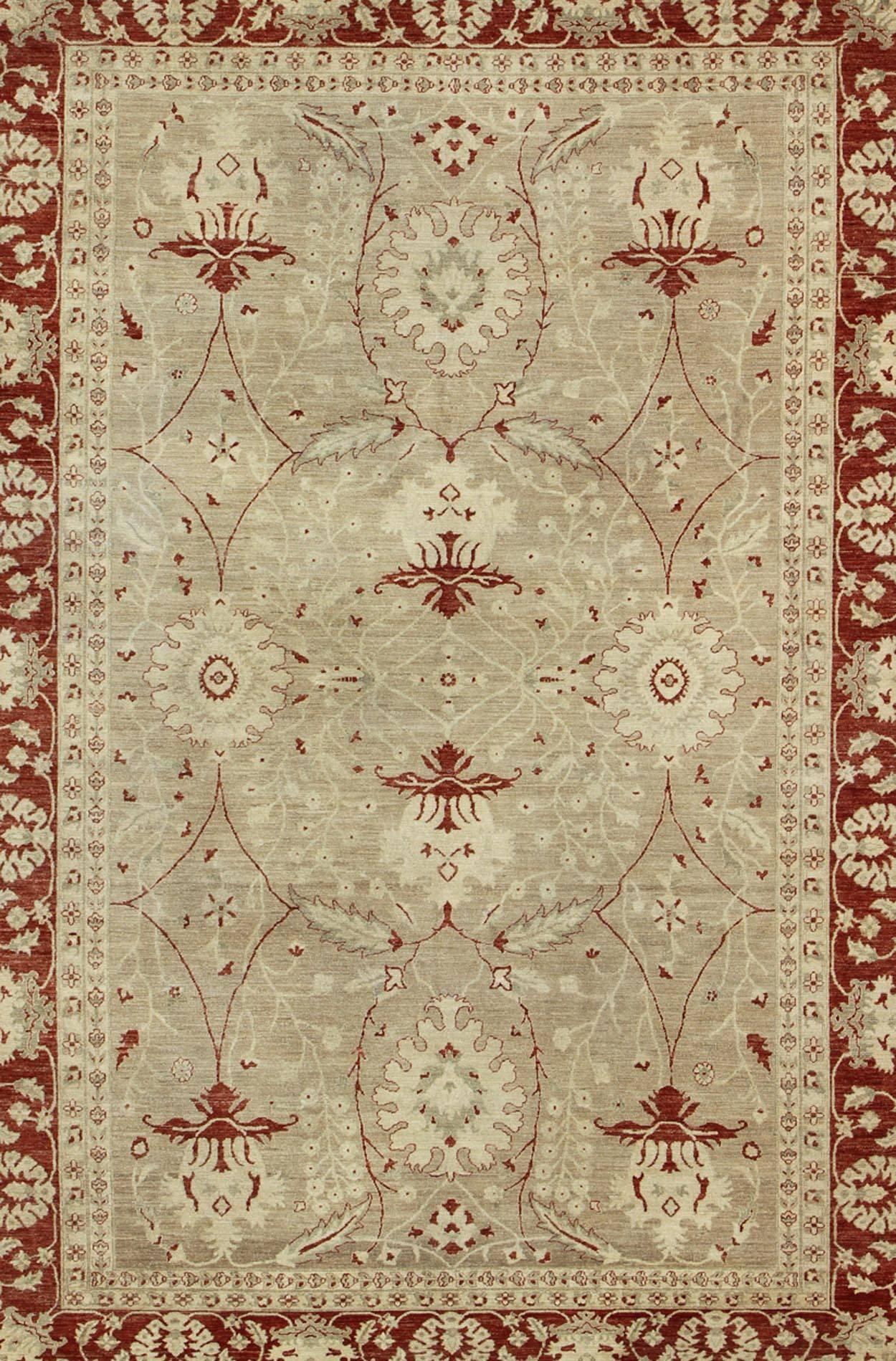 Pakistani Sultanabad Design Rug with Stylized Design in Light Camel, Cream & Garnet Red For Sale