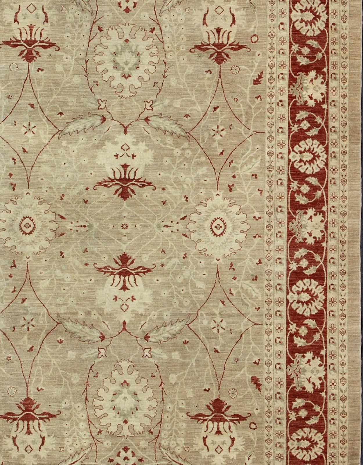 Hand-Knotted Sultanabad Design Rug with Stylized Design in Light Camel, Cream & Garnet Red For Sale