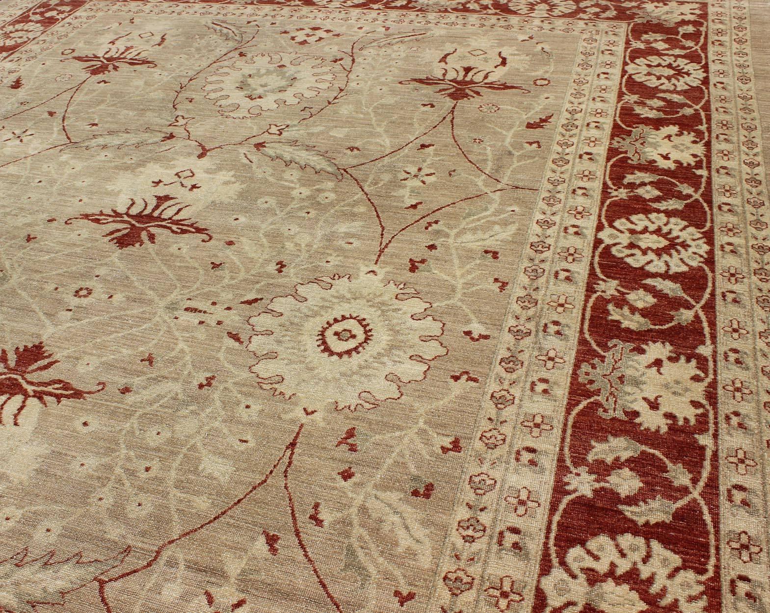 Sultanabad Design Rug with Stylized Design in Light Camel, Cream & Garnet Red For Sale 2