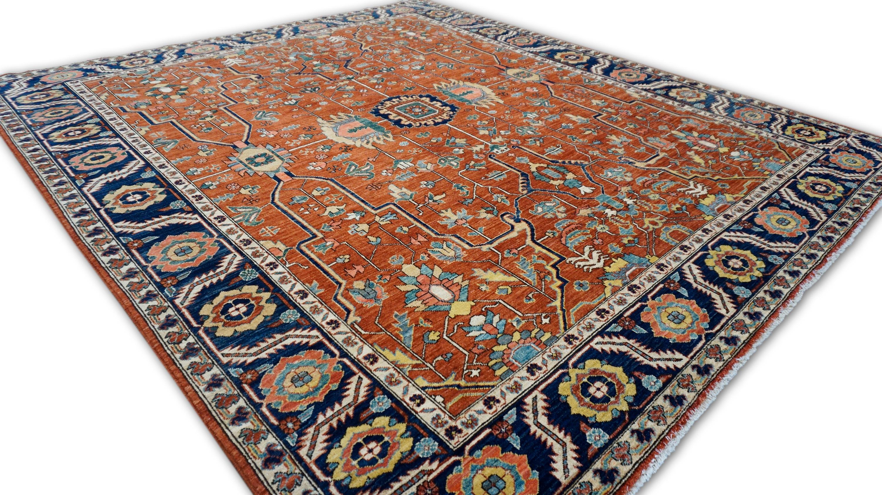 Neoclassico Sultanabad Rugs in lana blu navy e ruggine 8'8''x9'10'' in vendita