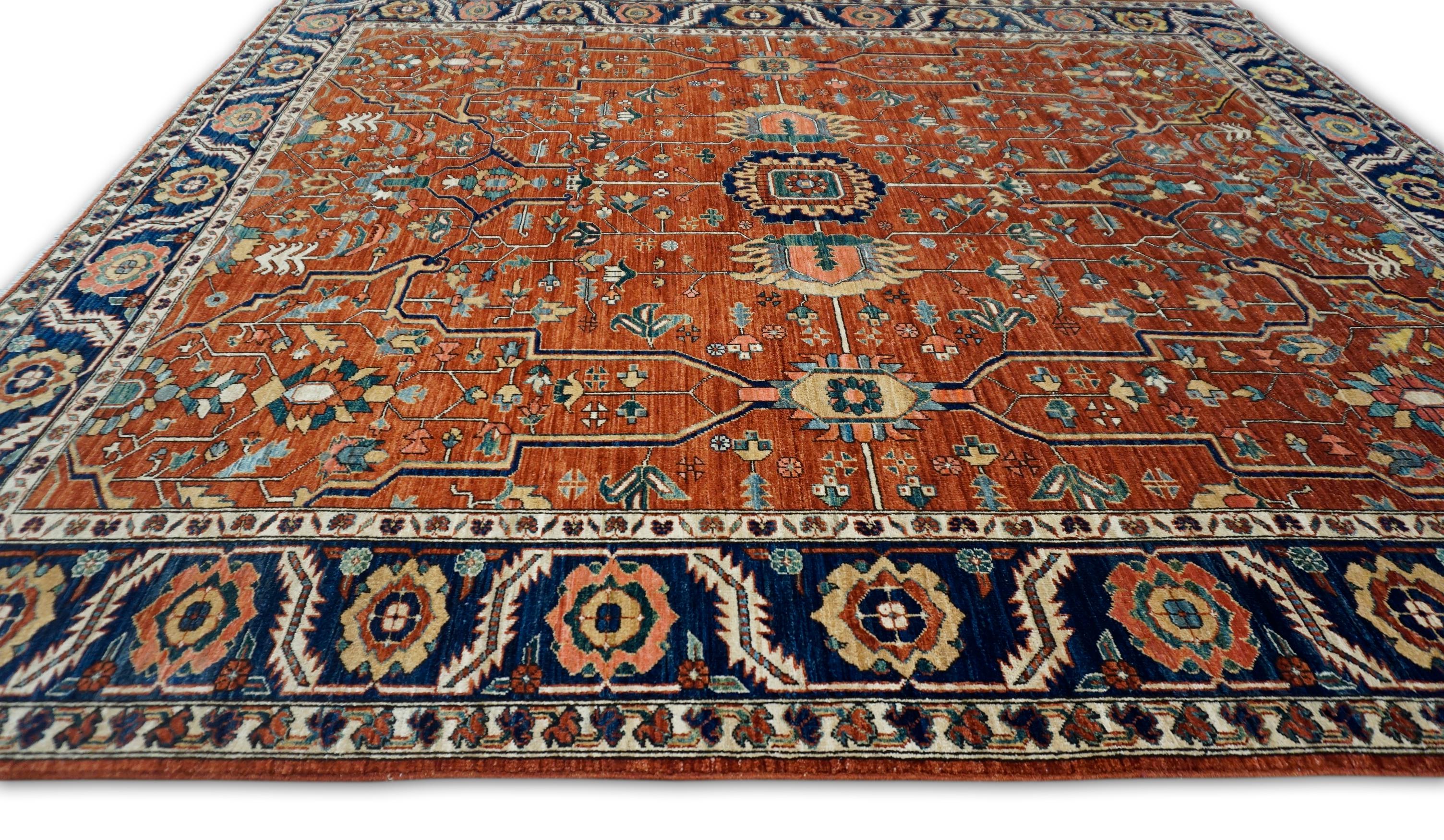 Pakistano Sultanabad Rugs in lana blu navy e ruggine 8'8''x9'10'' in vendita