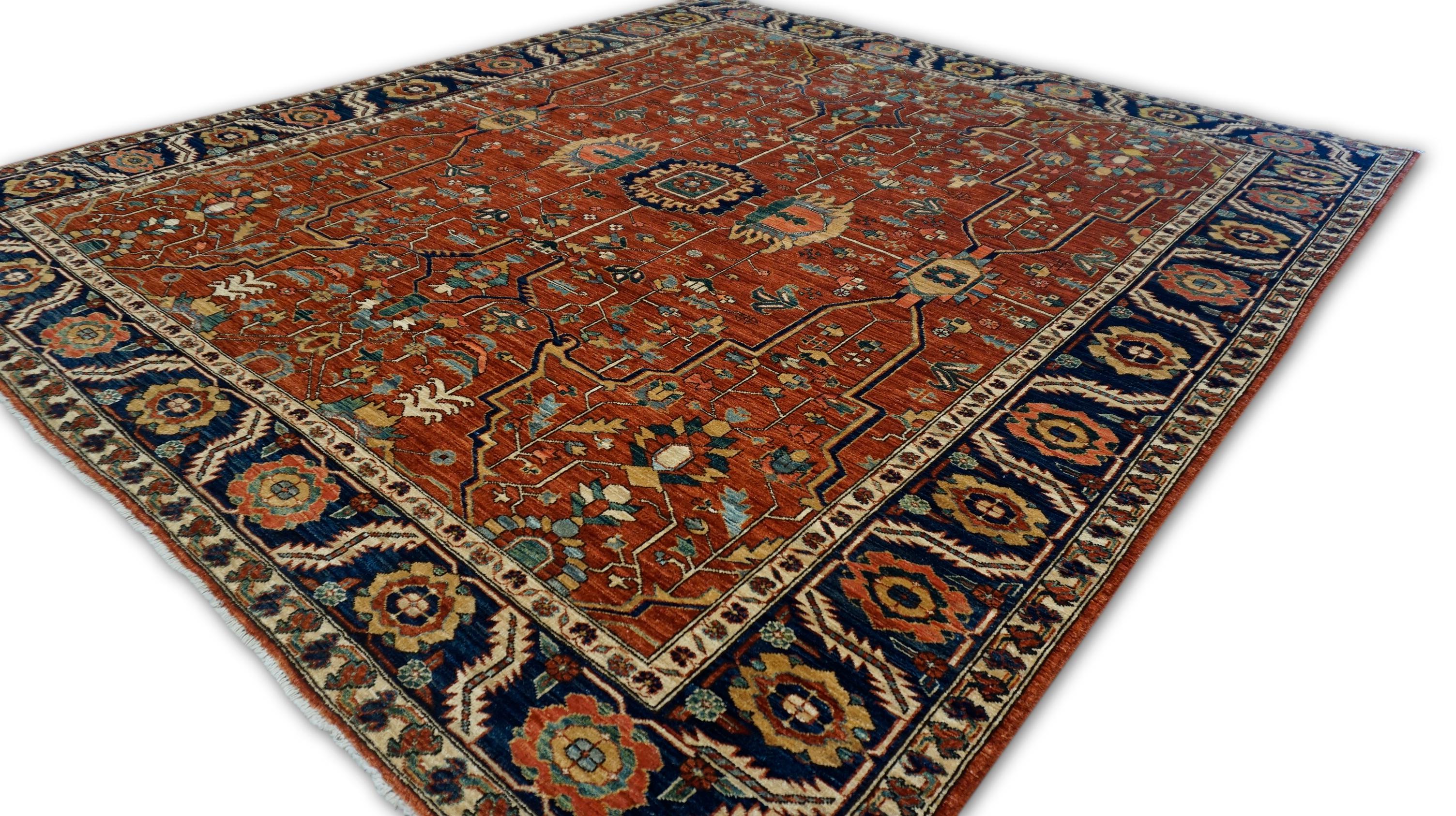 Annodato a mano Sultanabad Rugs in lana blu navy e ruggine 8'8''x9'10'' in vendita