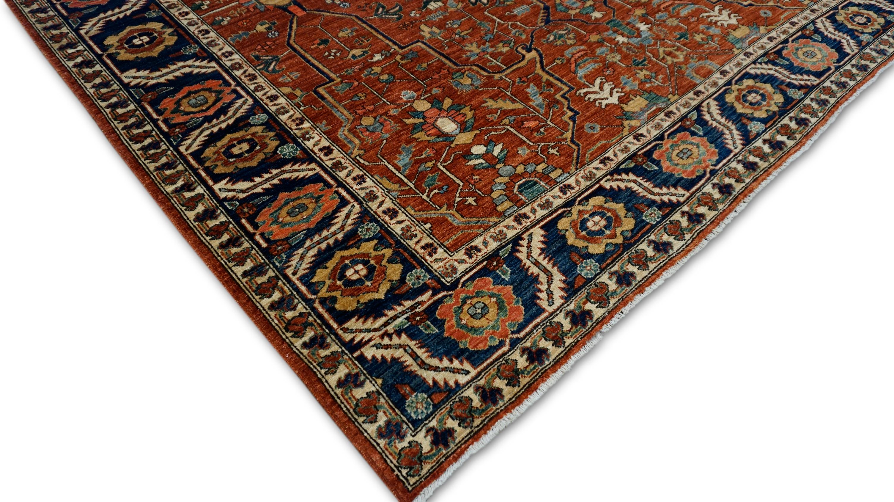 Lana Sultanabad Rugs in lana blu navy e ruggine 8'8''x9'10'' in vendita