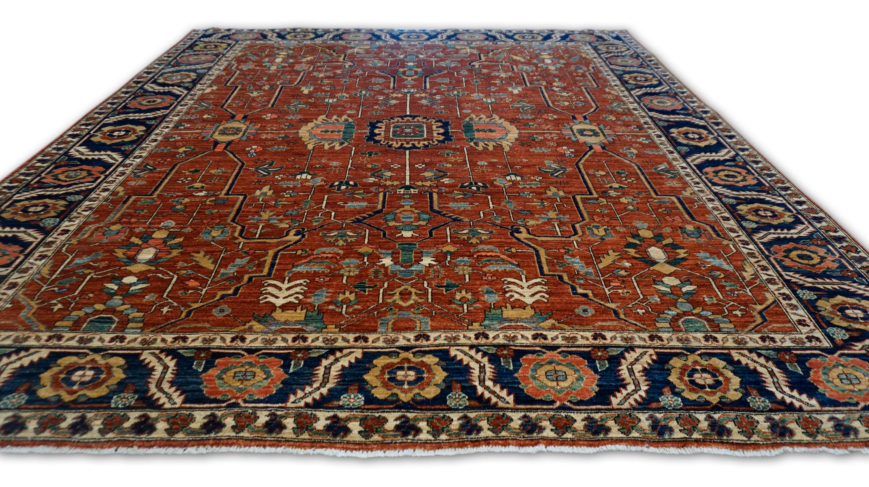 Sultanabad Rugs in lana blu navy e ruggine 8'8''x9'10'' in vendita 1