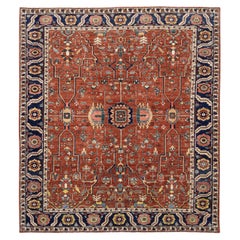 Sultanabad Style Rust and Navy Blue Wool Rug 8'8''x9'10''