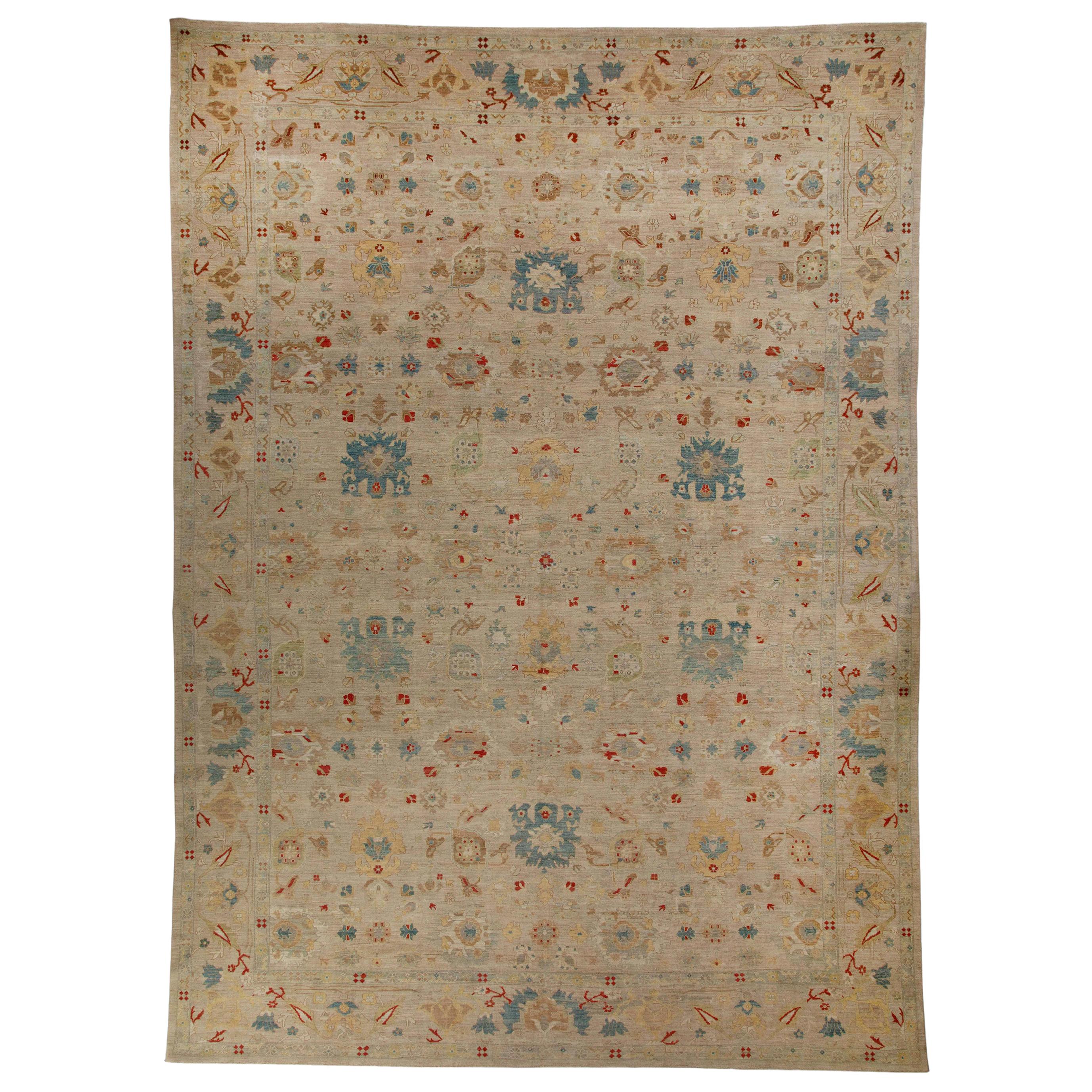 Sultanabad Style Turkish Rug with Beige Field and Multicolored Flower Patterns