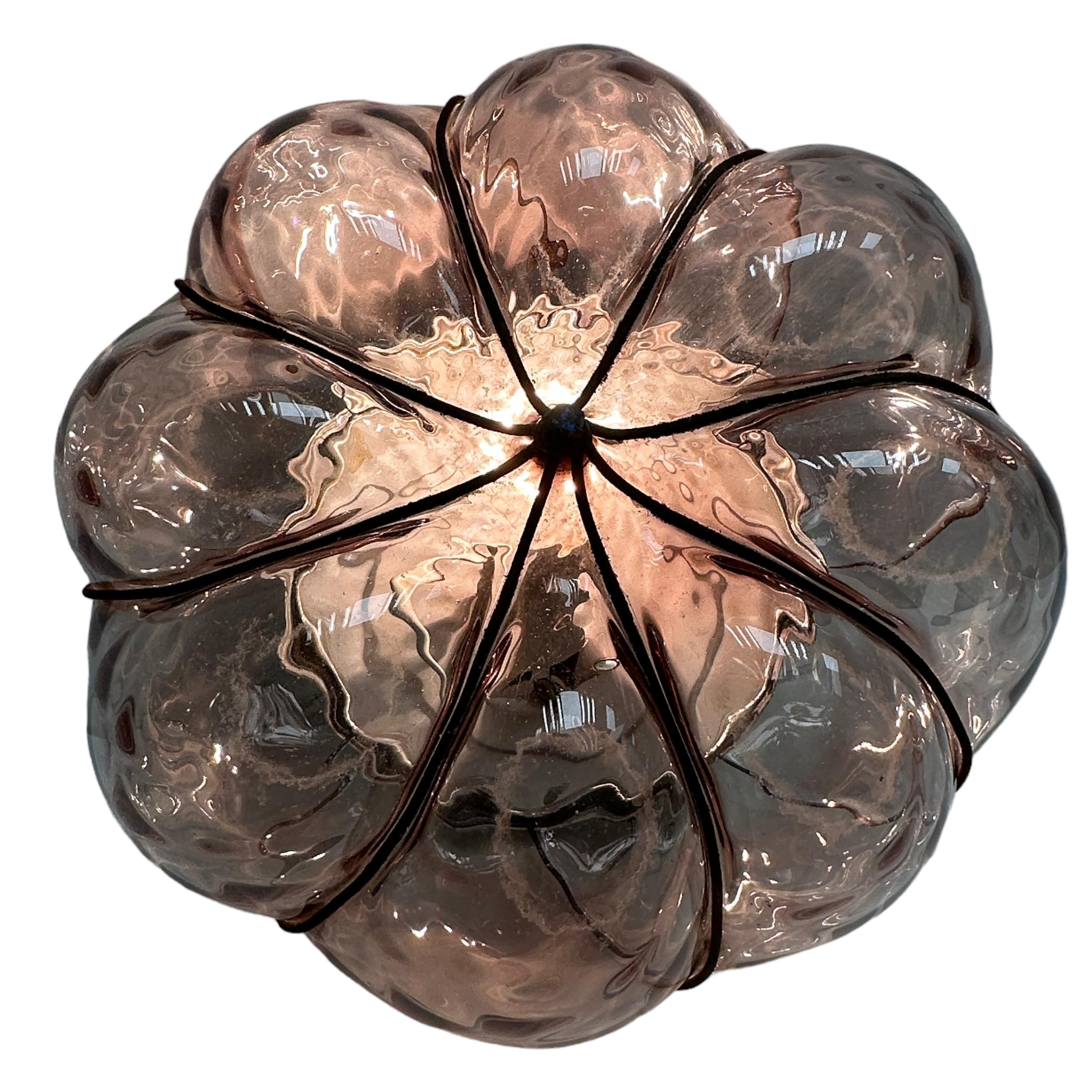 Modern Sultano Iron Caged Venetian Glass Flush Mount or Sconce, Italy 1950s