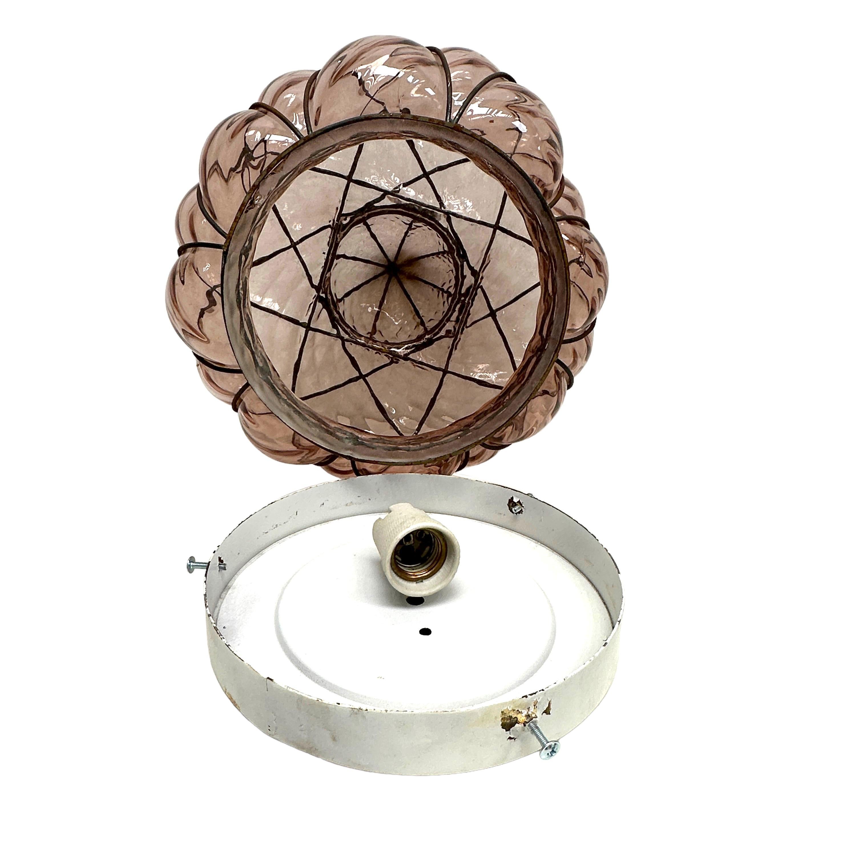 Metal Sultano Onion Dome Iron Caged Venetian Glass Flush Mount or Sconce, Italy 1950s For Sale
