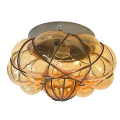 Sultano Onion Dome Iron Caged Venetian Glass Flush Mount or Sconce, Italy 1950s