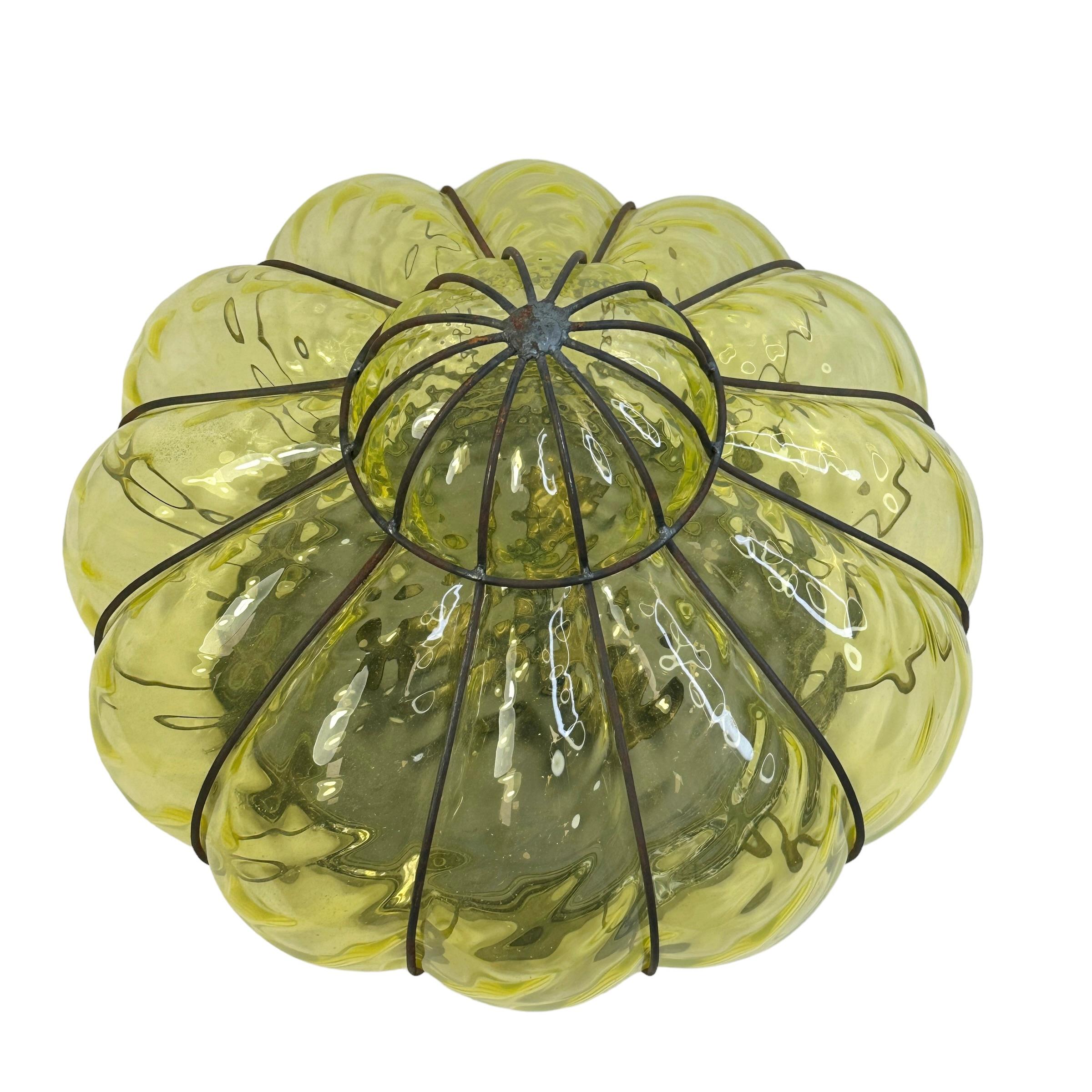 Italian Sultano Onion Dome Iron Caged Venetian Glass Flush Mount or Sconce, Italy 1950s For Sale
