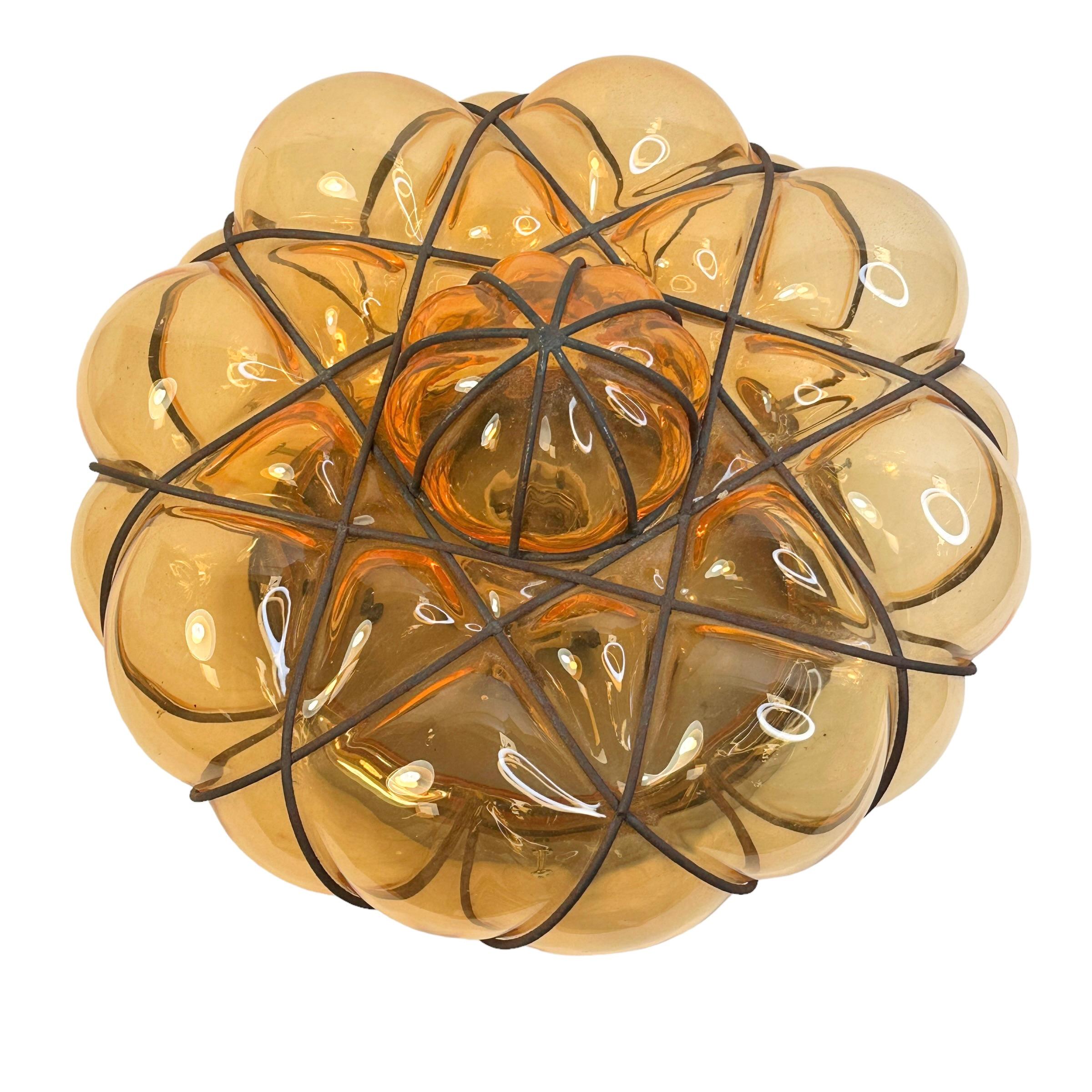 Italian Sultano Onion Dome Iron Caged Venetian Glass Flush Mount or Sconce, Italy 1950s For Sale