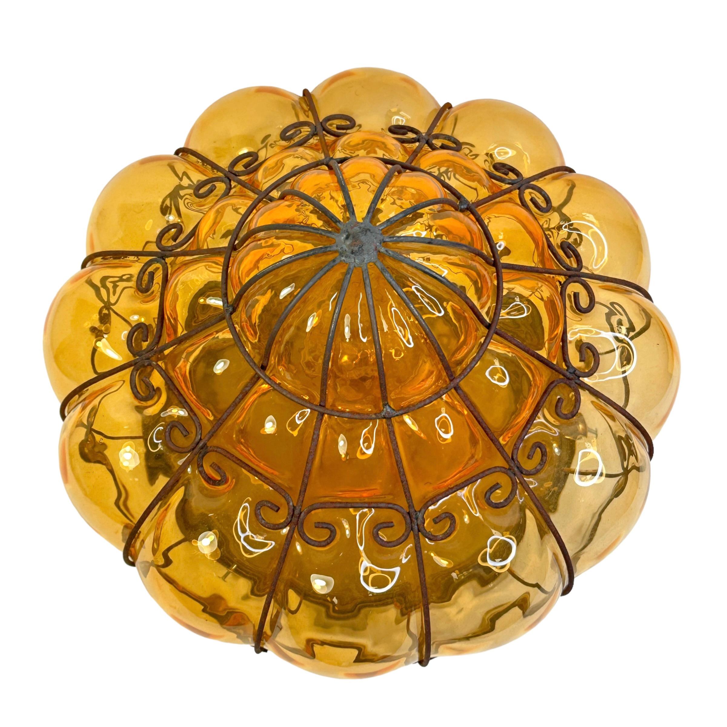 Metal Sultano Onion Dome Iron Caged Venetian Glass Flush Mount or Sconce, Italy 1950s For Sale