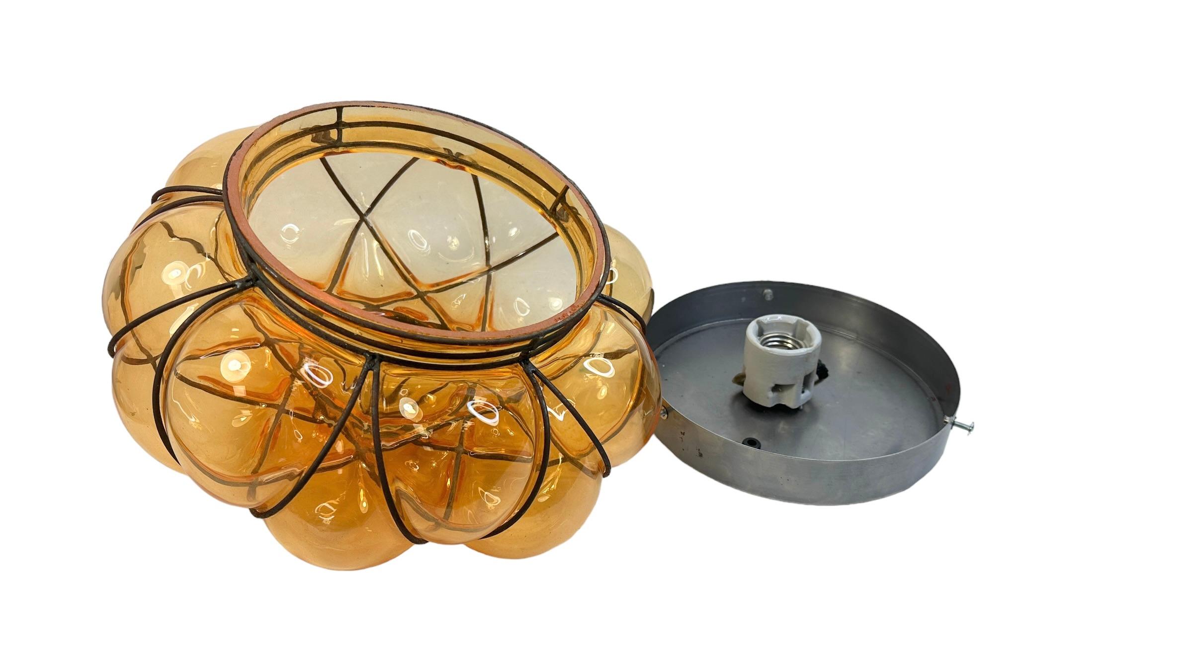 Sultano Onion Dome Iron Caged Venetian Glass Flush Mount or Sconce, Italy 1950s For Sale 1