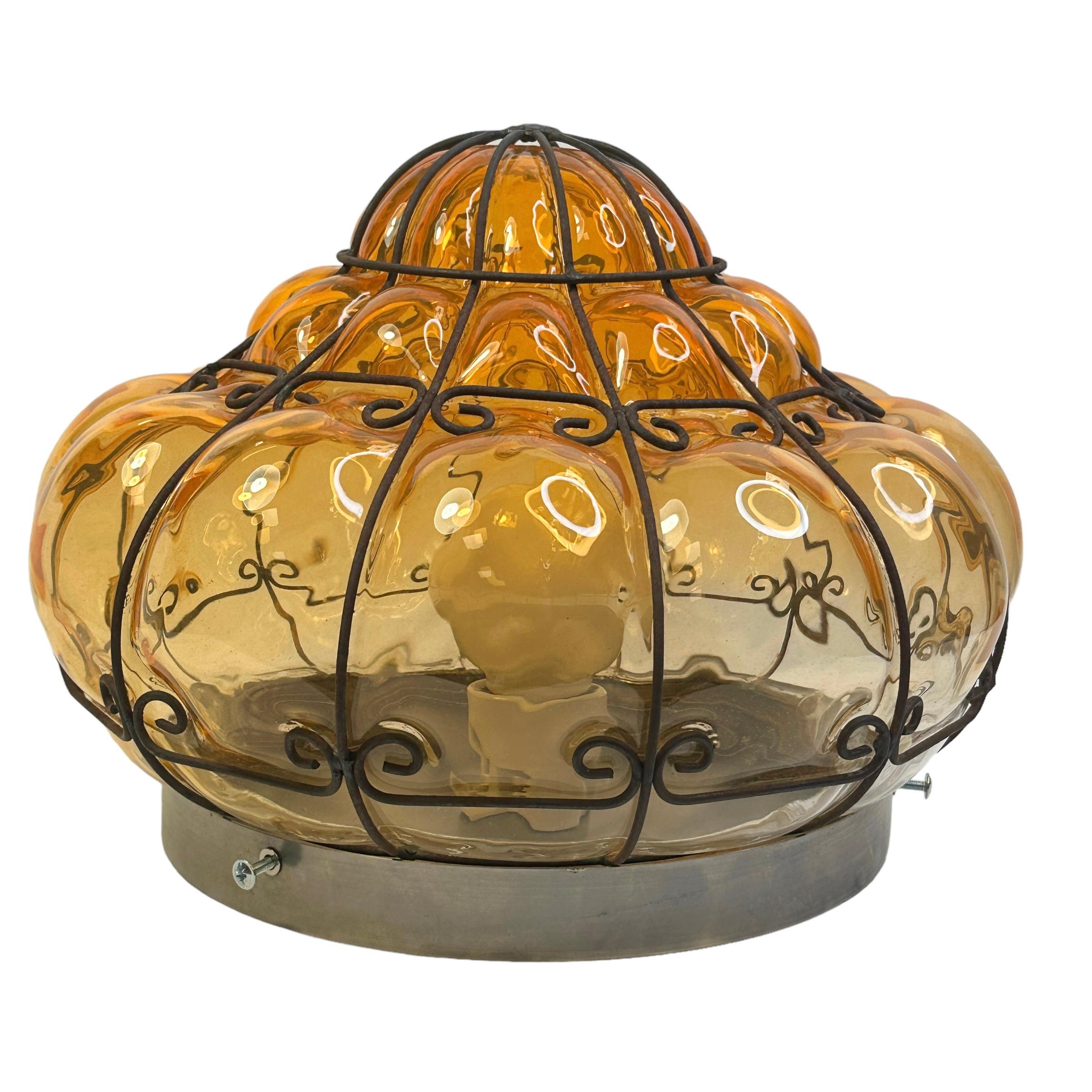 Sultano Onion Dome Iron Caged Venetian Glass Flush Mount or Sconce, Italy 1950s For Sale 1