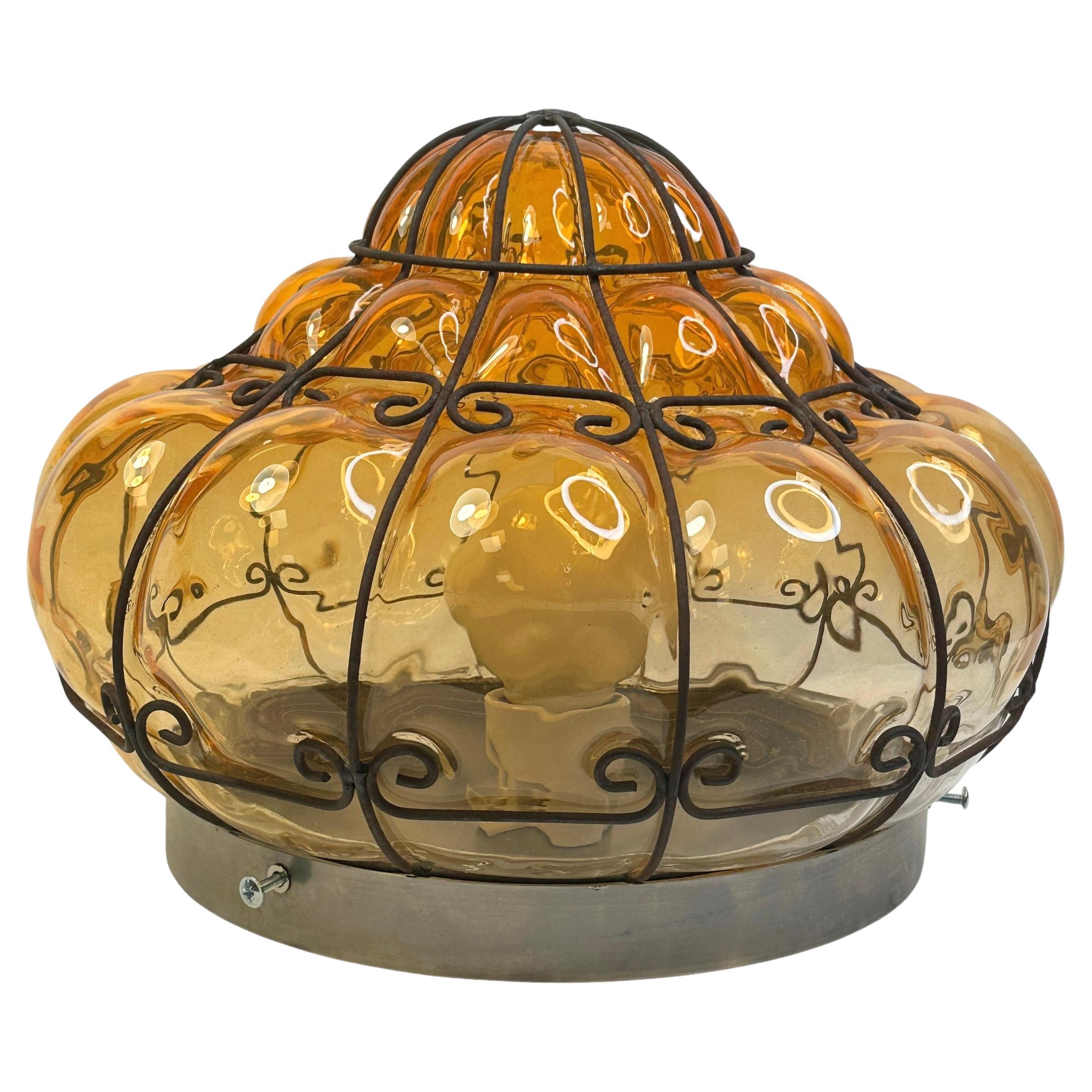 Sultano Onion Dome Iron Caged Venetian Glass Flush Mount or Sconce, Italy 1950s For Sale