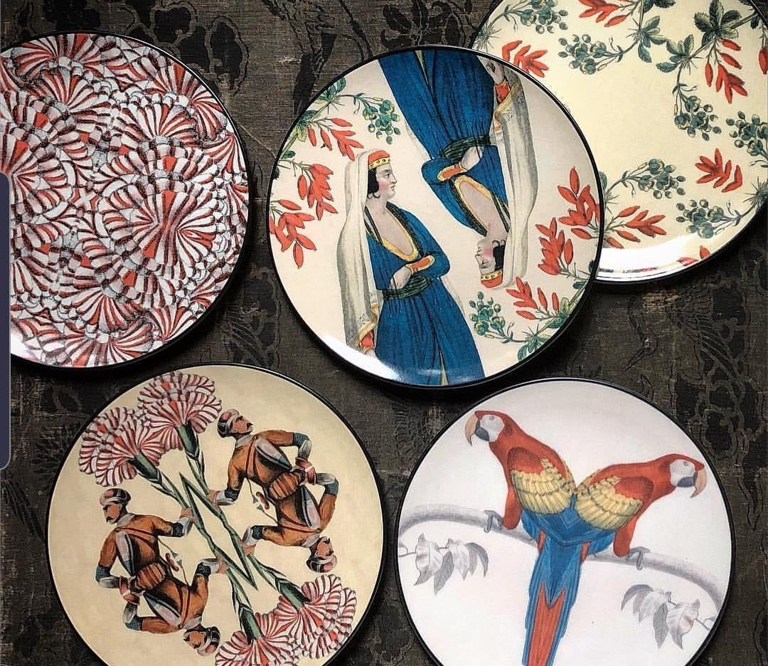 Contemporary Sultan's Journey Red Parrots Porcelain Plate by Patch NYC for Les-Ottomans For Sale