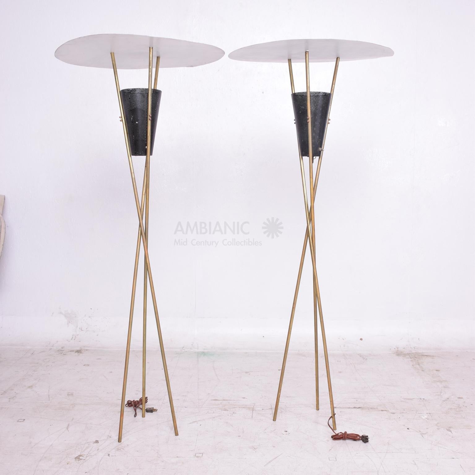 Mid-20th Century Tripod Torchieres Two Floor Lamps Brass 1960s Modern Twist Style Gerald Thurston