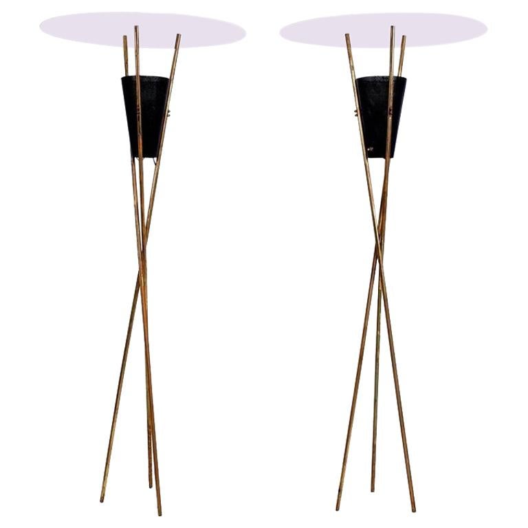 Tripod Torchieres Two Floor Lamps Brass 1960s Modern Twist Style Gerald Thurston