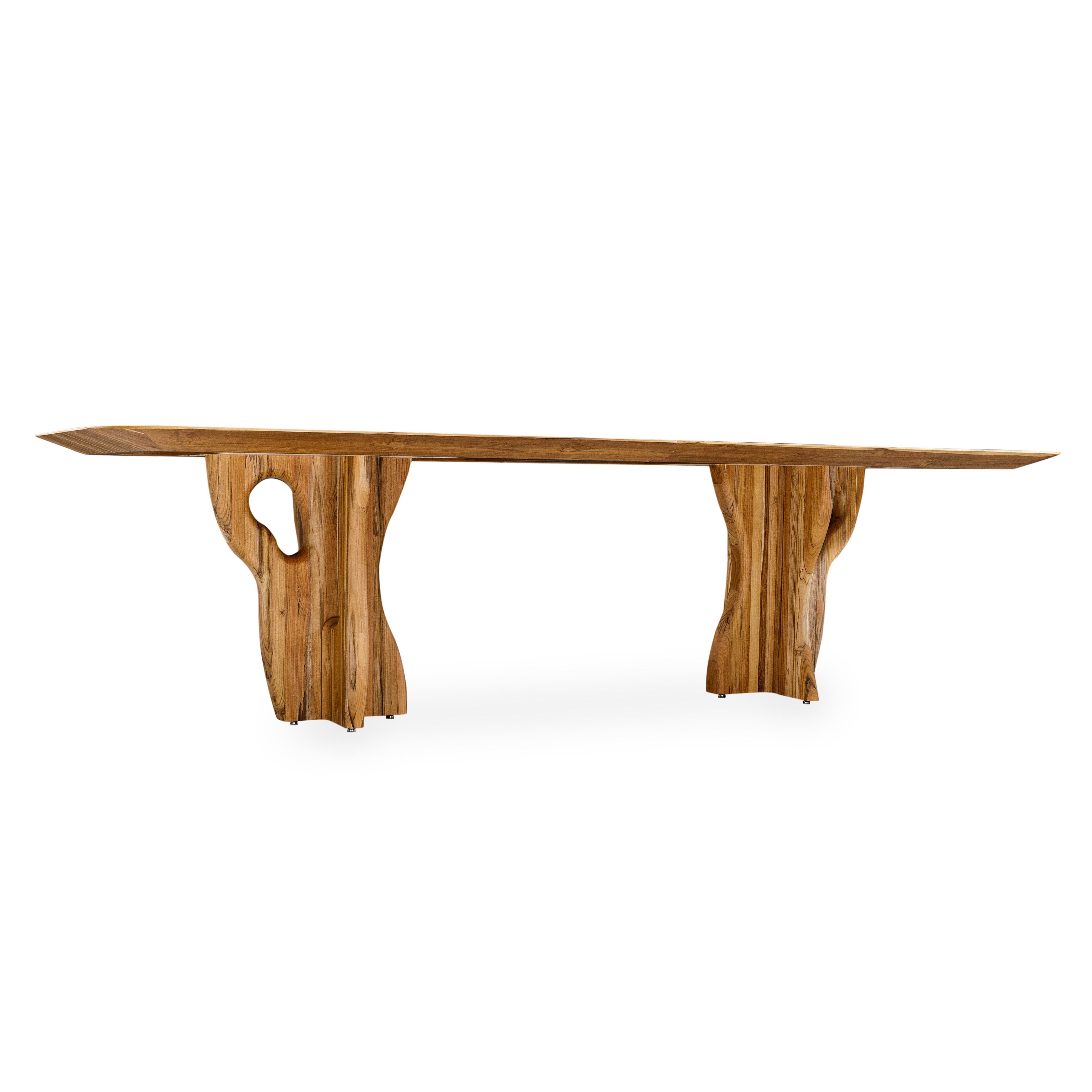 Brazilian Suma Dining Table with Teak Veneered Top and Organic Solid Wood Legs 110'' For Sale