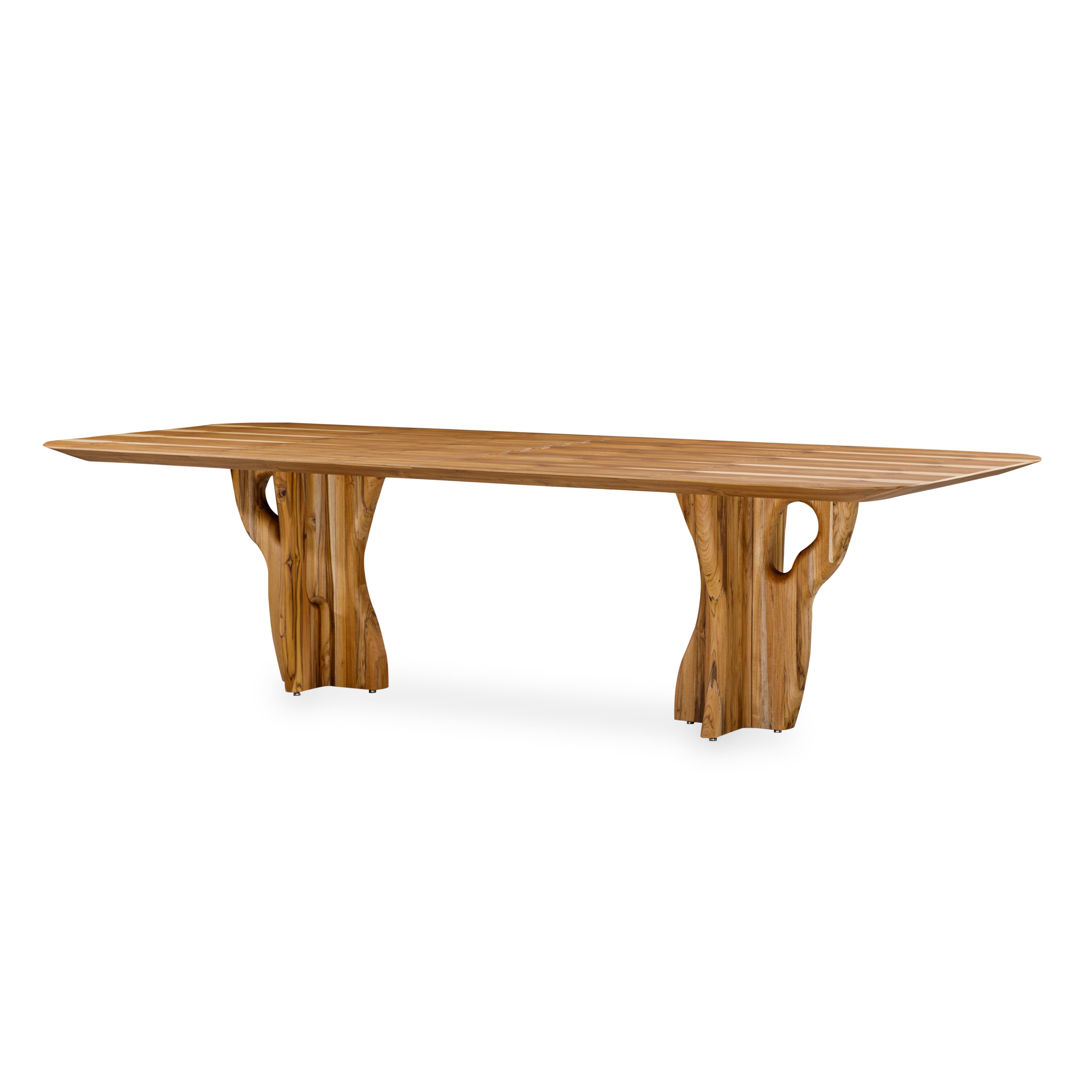 Suma Dining Table with Teak Veneered Top and Organic Solid Wood Legs 110'' For Sale 1