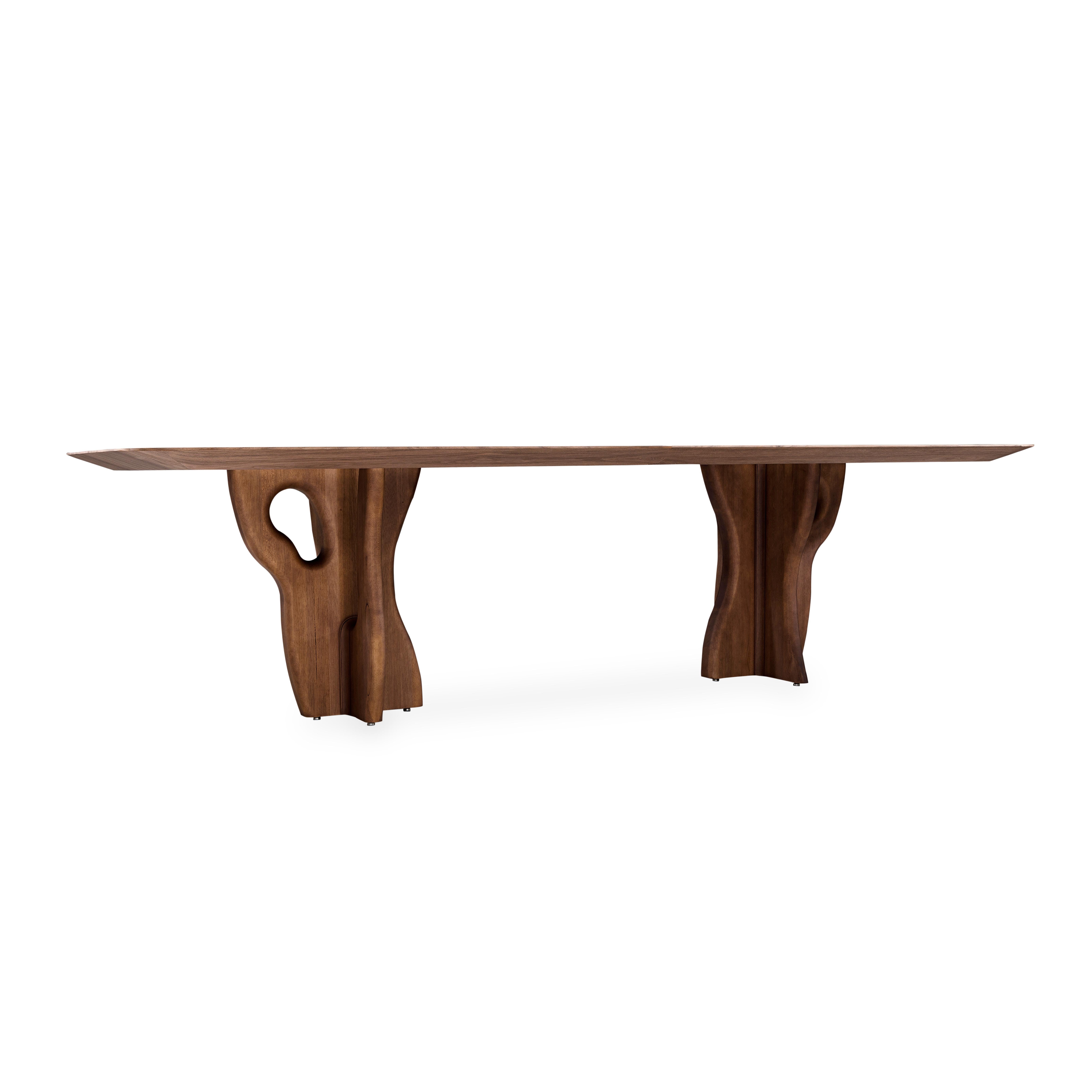Brazilian Suma Dining Table with Walnut Veneered Top and Organic Solid Wood Legs 110'' For Sale