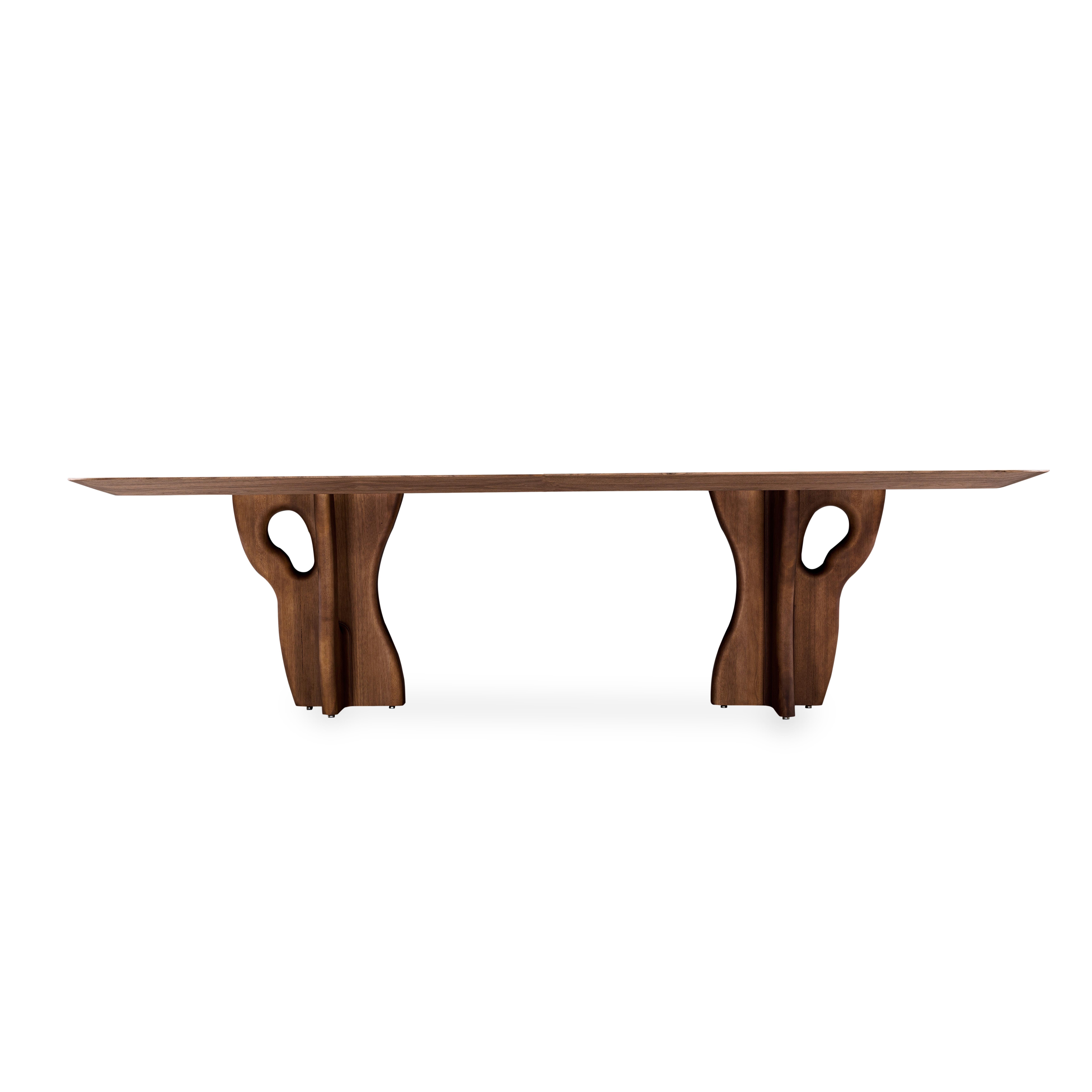 Contemporary Suma Dining Table with Walnut Veneered Top and Organic Solid Wood Legs 110'' For Sale