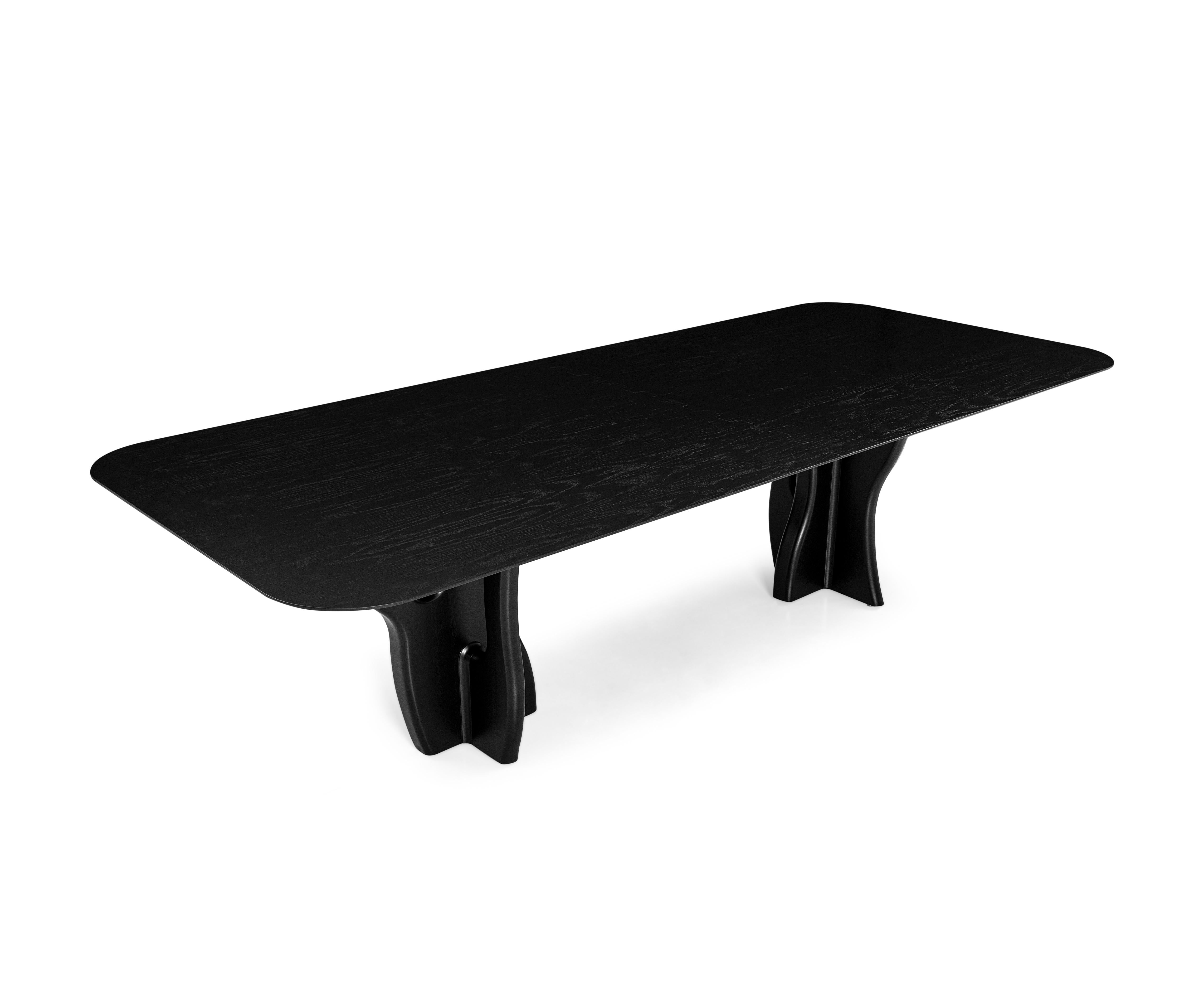 Brazilian Suma Dining Table with Black Oak Top and Organic Solid Wood Legs 110'' For Sale