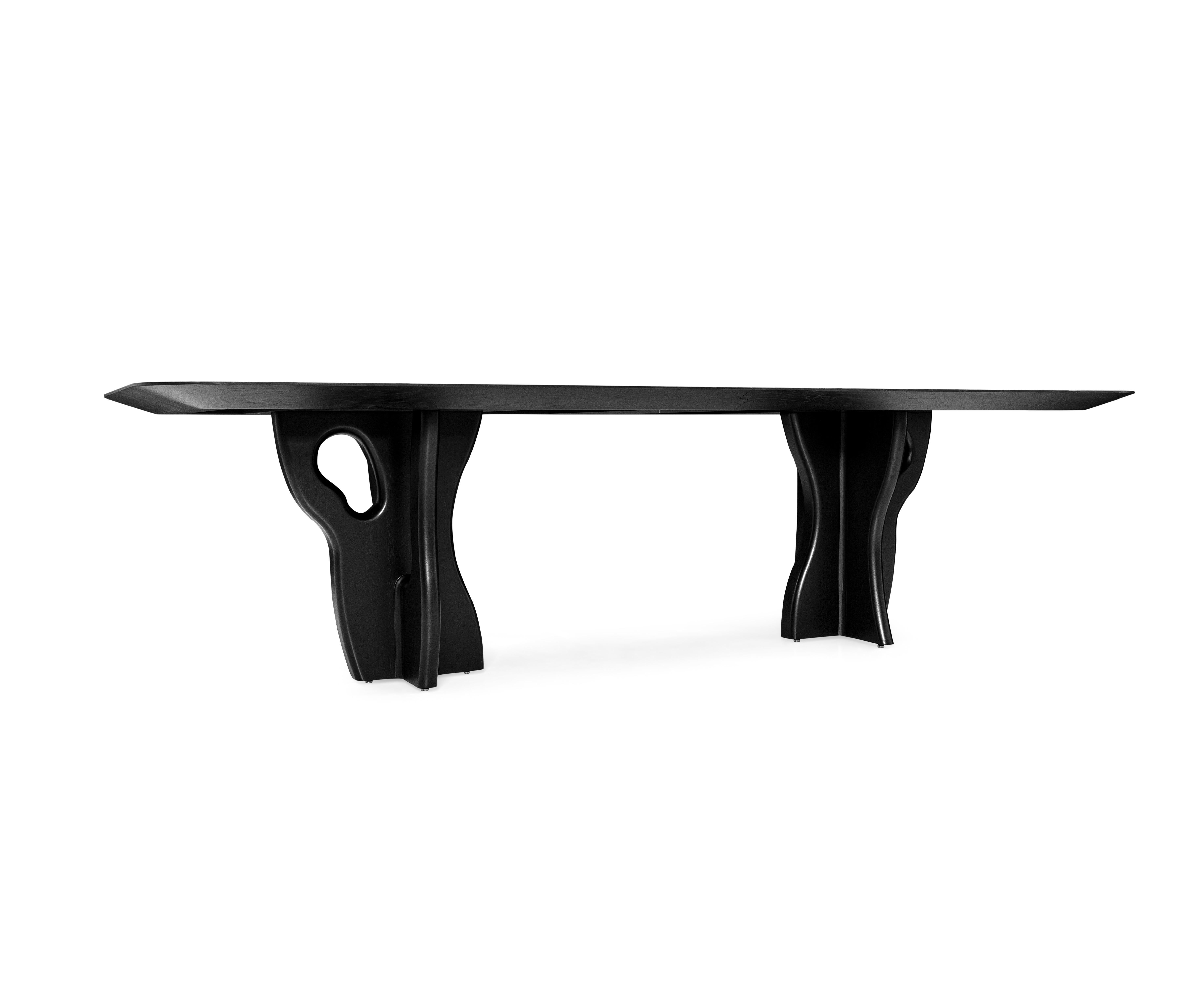 Contemporary Suma Dining Table with Black Oak Top and Organic Solid Wood Legs 110'' For Sale