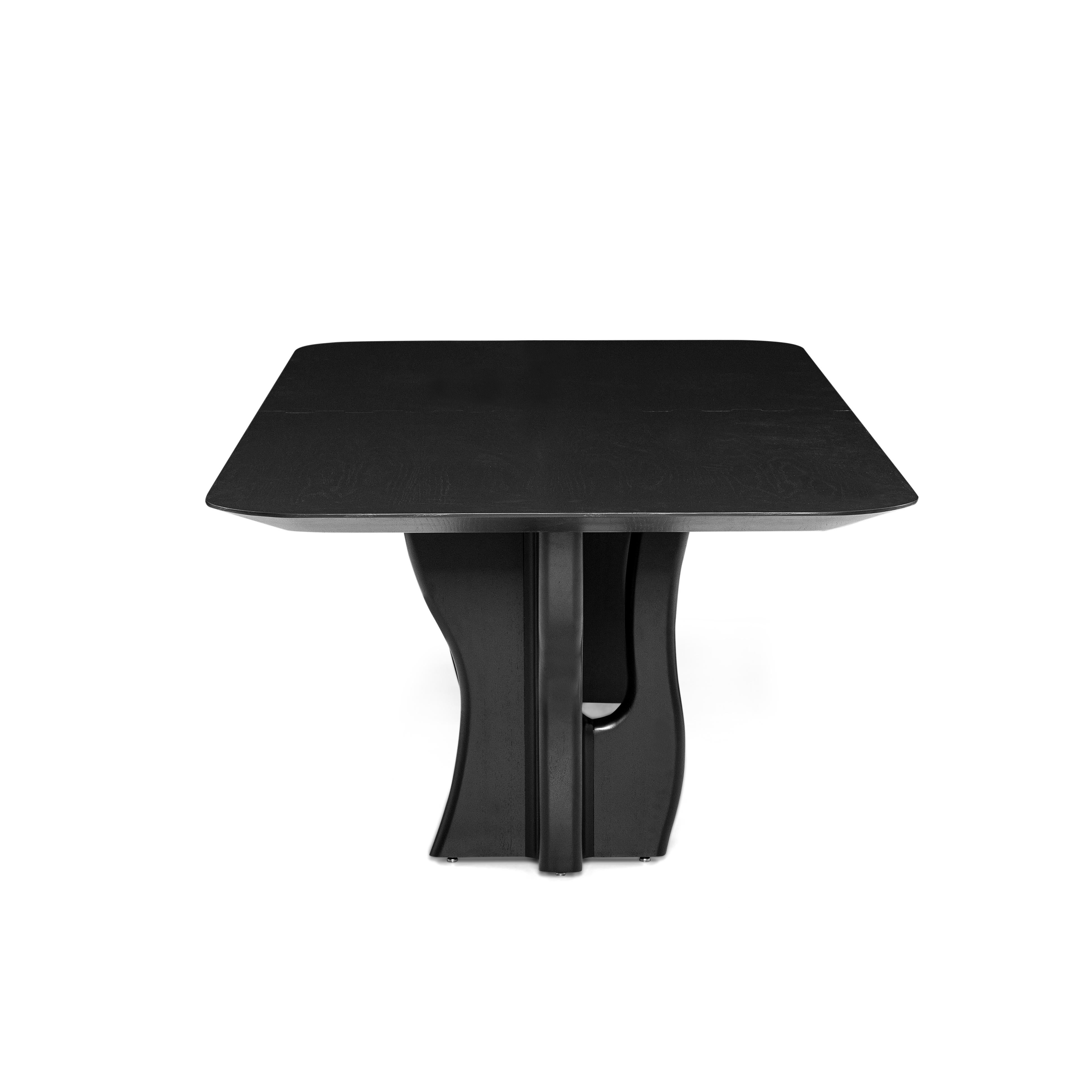 Contemporary Customizable Dining Table with 86-Inch Black Oak Top and Organic Base, Suma Line For Sale