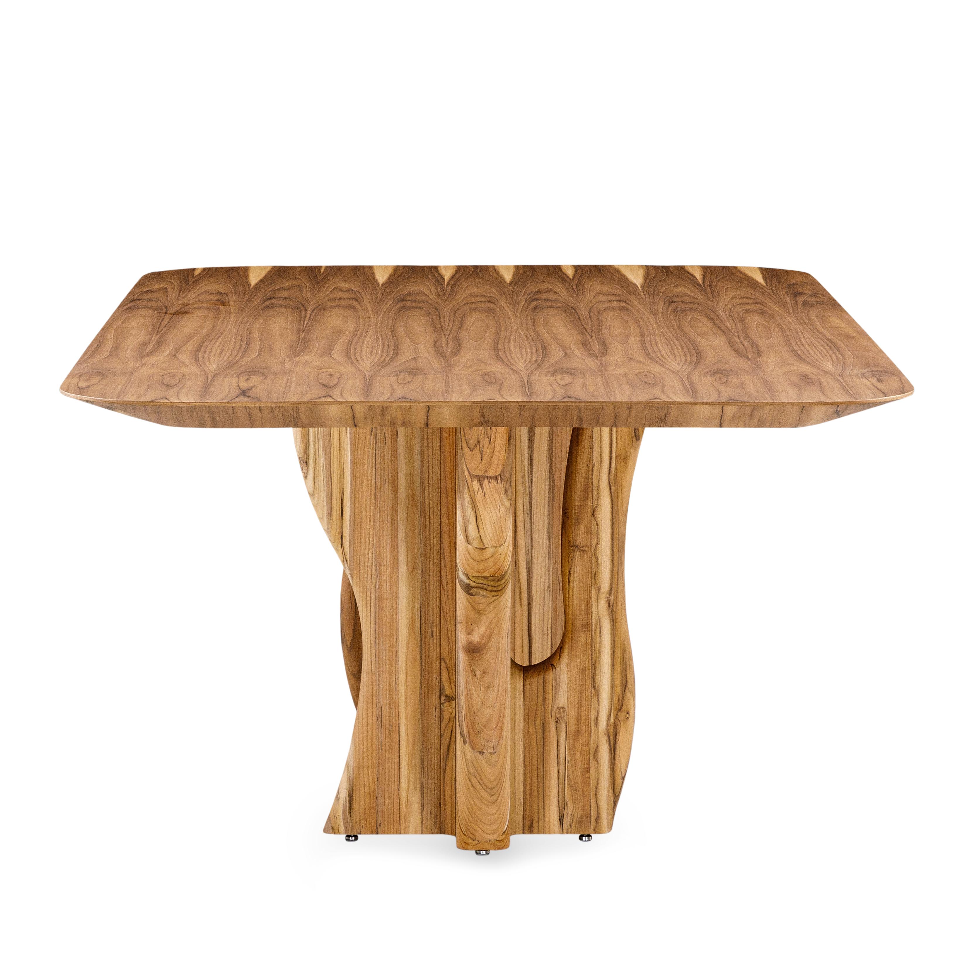 Brazilian Suma Dining Table with Teak Veneered Top and Organic Solid Wood Legs 86'' For Sale