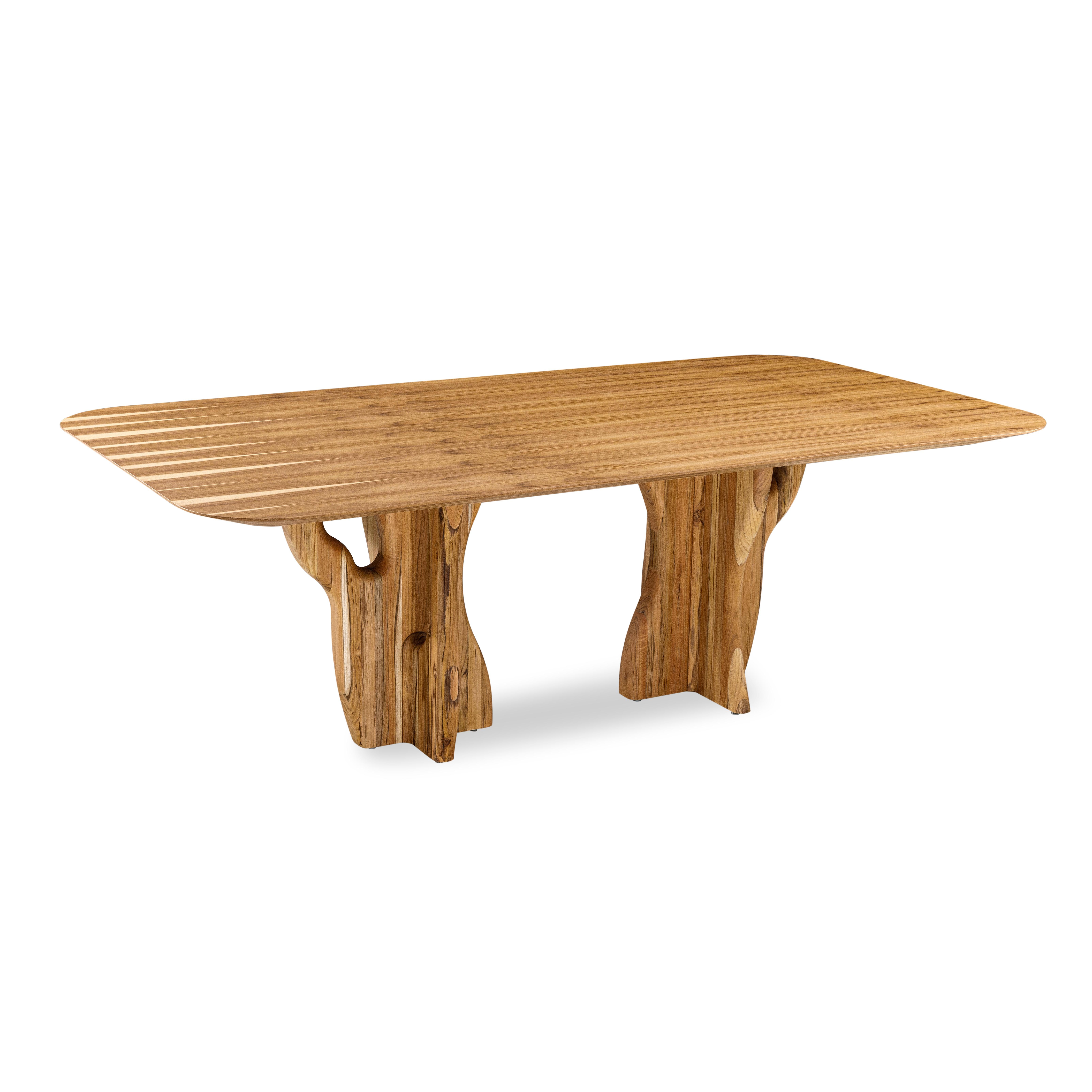 Contemporary Suma Dining Table with Teak Veneered Top and Organic Solid Wood Legs 86'' For Sale