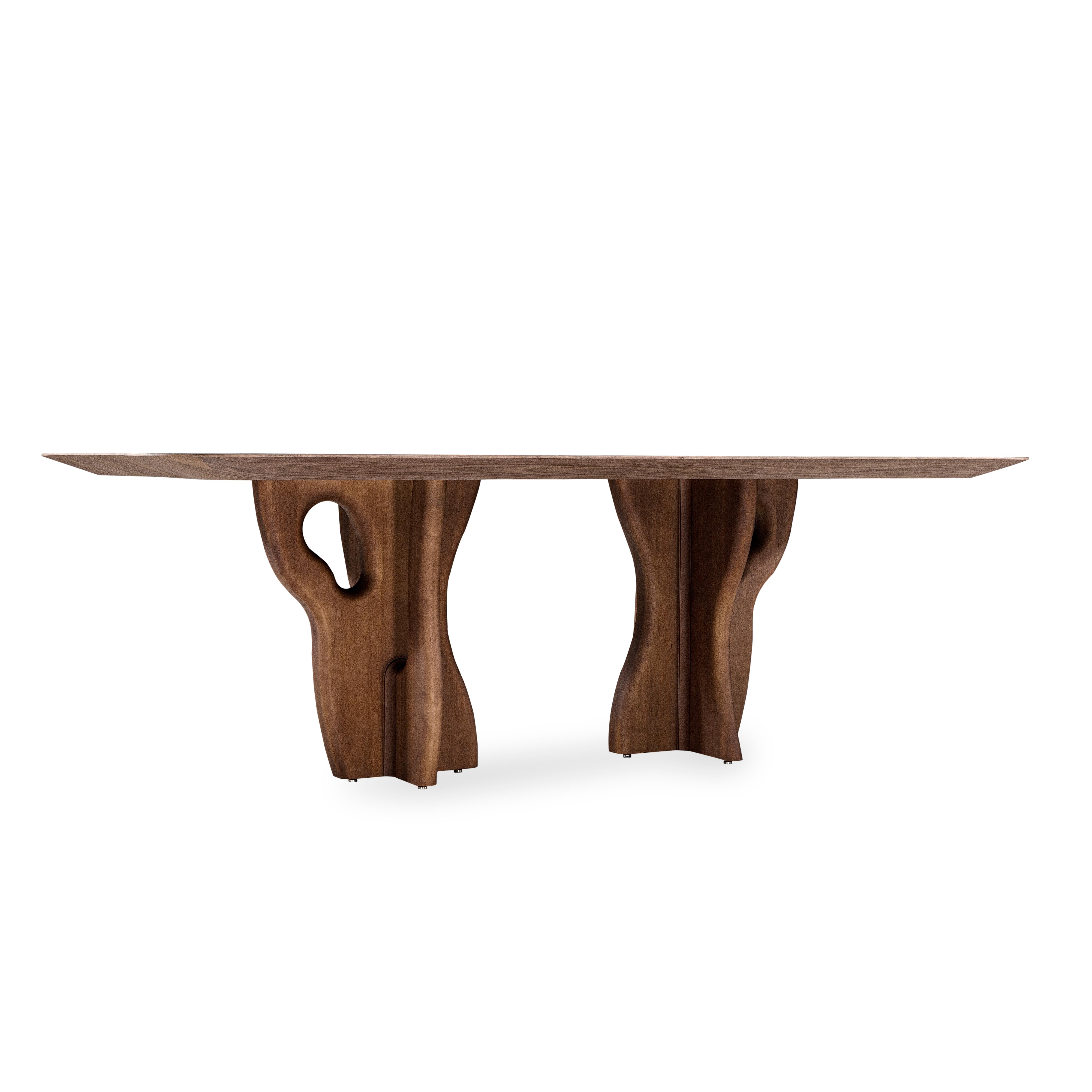 Brazilian Suma Dining Table with Walnut Veneered Top and Organic Solid Wood Legs 86'' For Sale