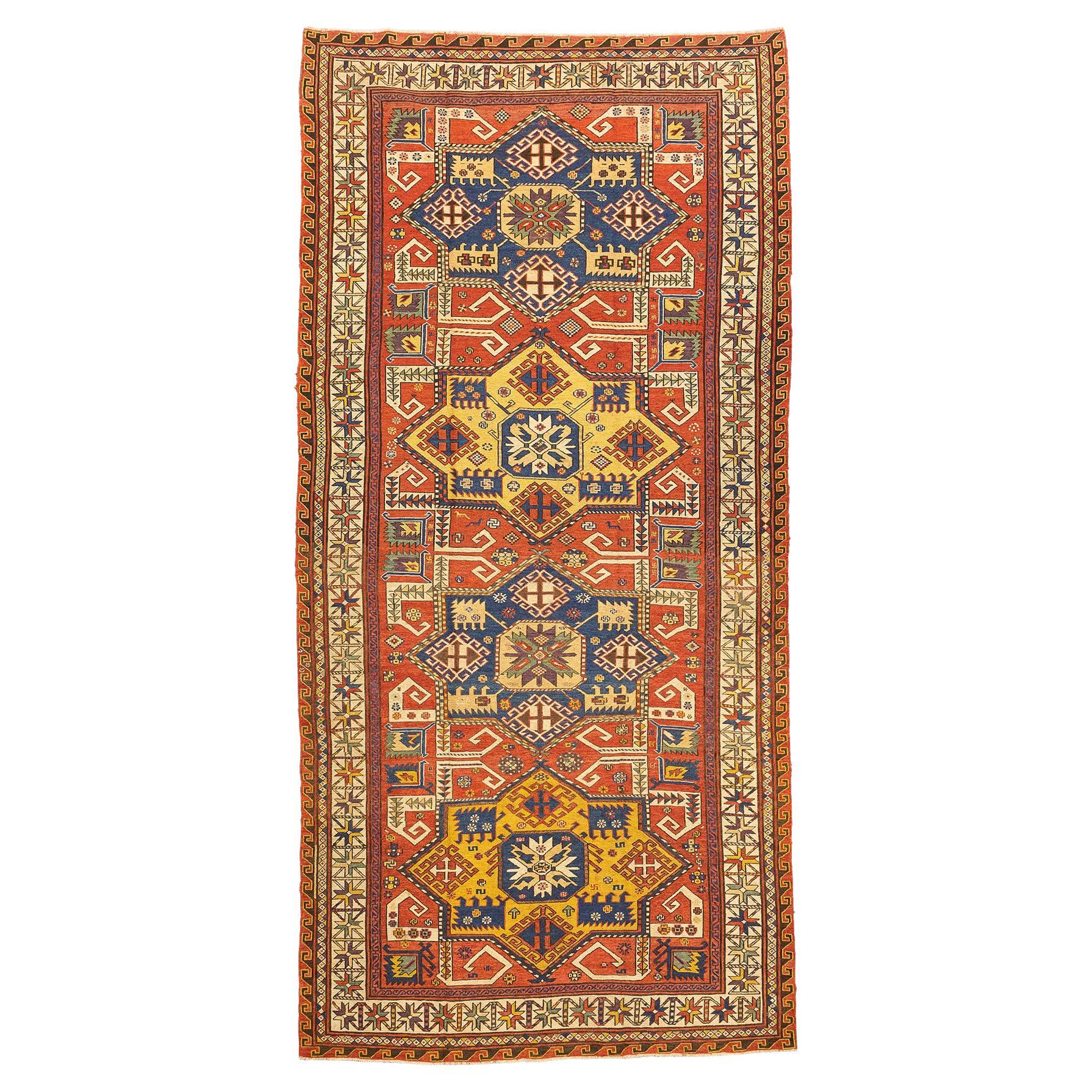 Flachgewebter Sumak-Teppich mit geometrischen Motiven und lebhaften Farben im Angebot