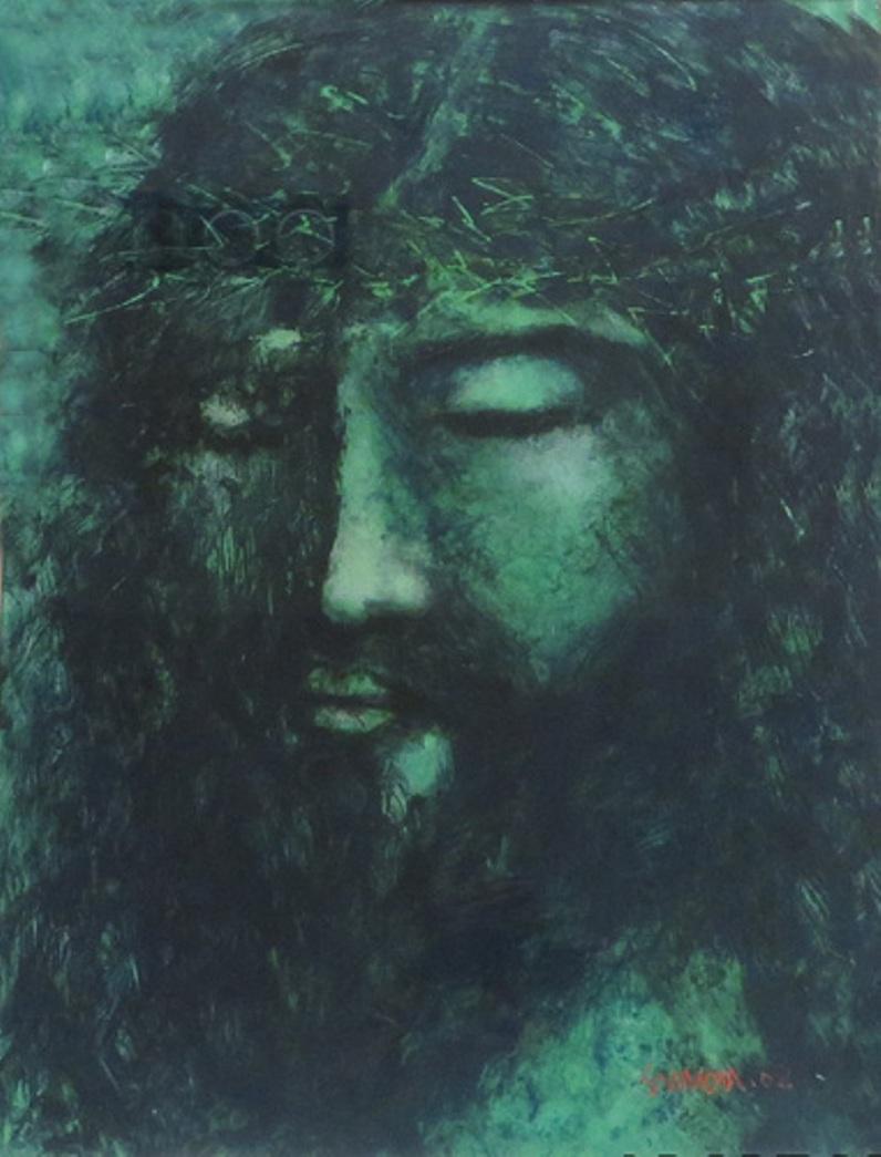 Suman Roy Figurative Painting - Christ, Oil on Acrylic, Green, Black by Contemporary Indian Artist "In Stock"