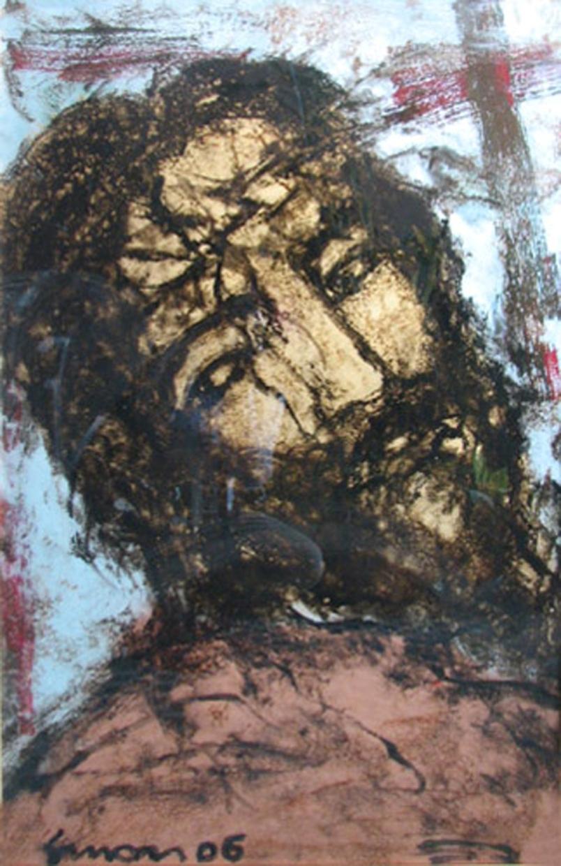 Christ, Oil on Acrylic, Yellow, Brown by Contemporary Indian Artist "In Stock" - Mixed Media Art by Suman Roy