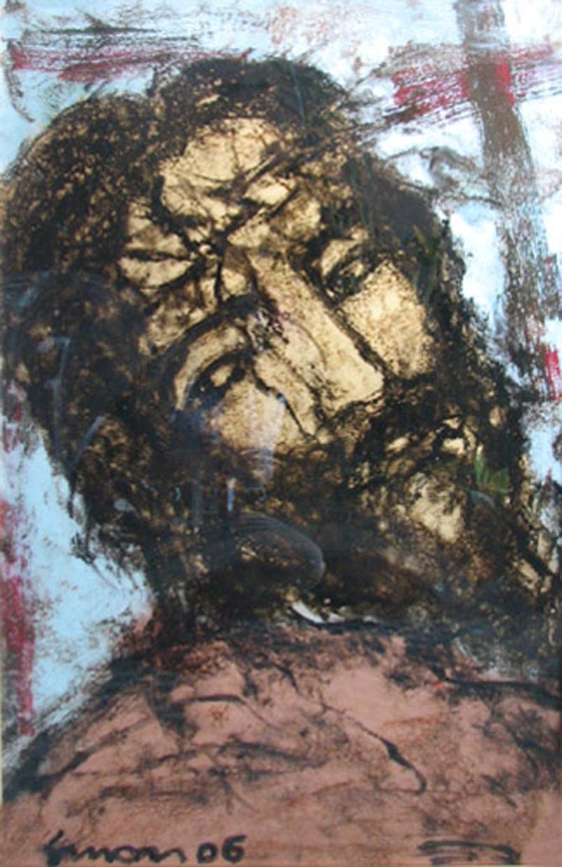 Cristo, Óleo sobre Acrílico, Amarillo, Marrón por Artista Indio Contemporáneo "En Stock"