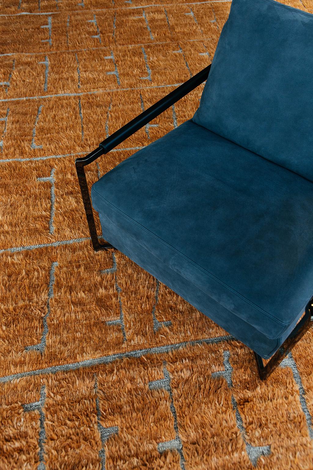 Sumatra's design is noted for its imagery that is embossed into our signature orange shag. Intuitive motifs repeat and create a unique and eye-catching rug that will bring personality to any space. Mehraban's Haute Bohemian collection is the