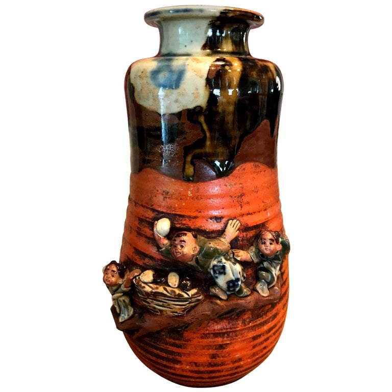 Sumida Gawa Signed Japanese Pottery Ceramic Glazed Vase, Early 1900s at  1stDibs