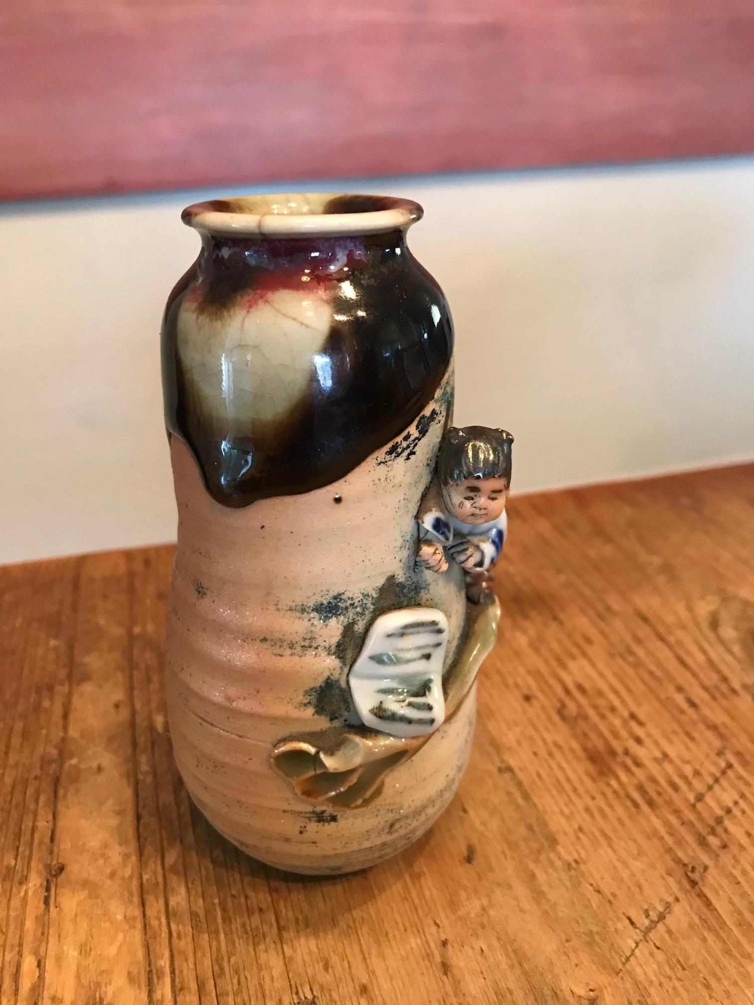 Sumida Gawa Signed Ryosai Japanese Pottery Ceramic Glazed Vase, Early 1900s In Good Condition In Studio City, CA