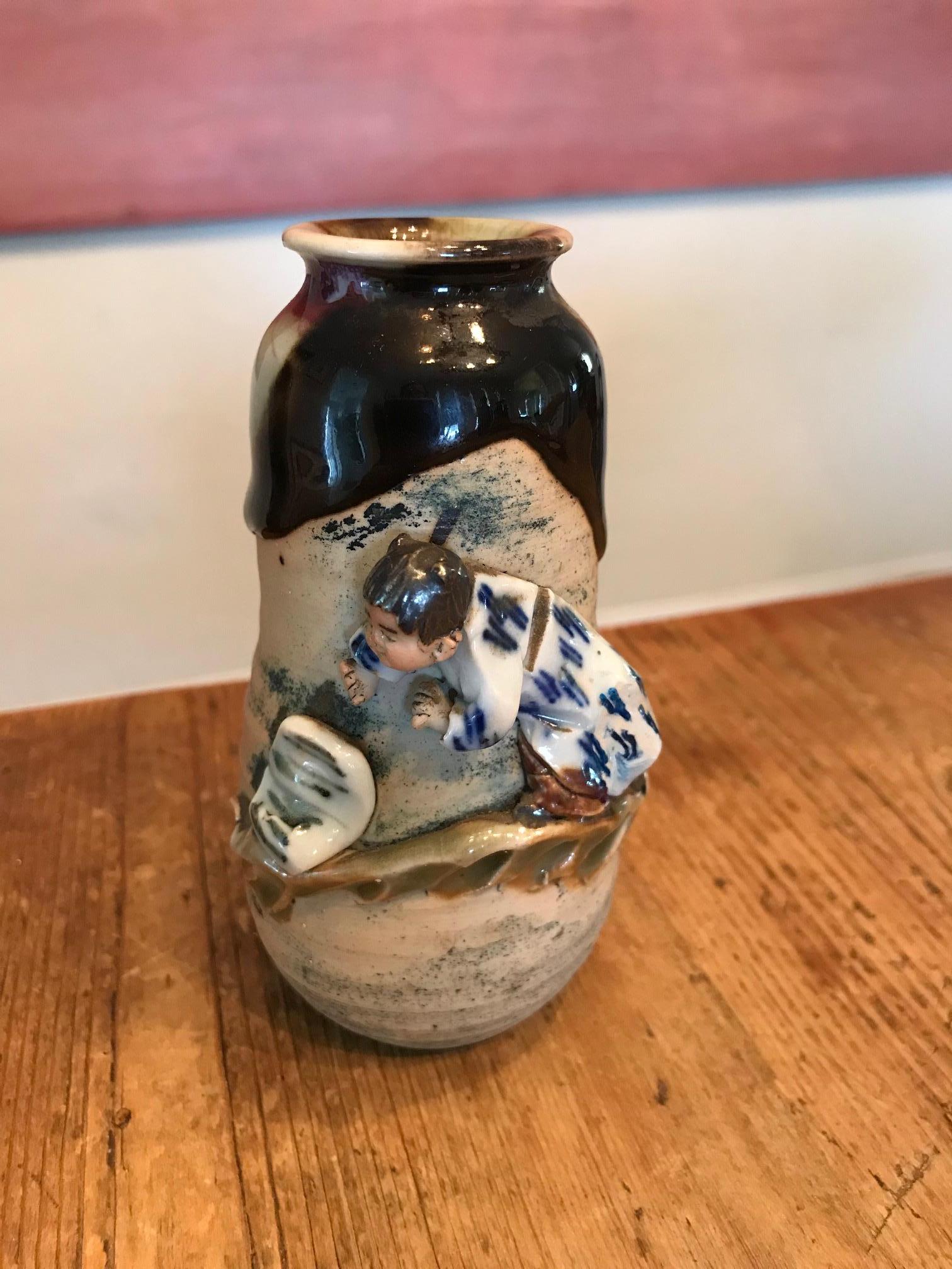 Early 20th Century Sumida Gawa Signed Ryosai Japanese Pottery Ceramic Glazed Vase, Early 1900s